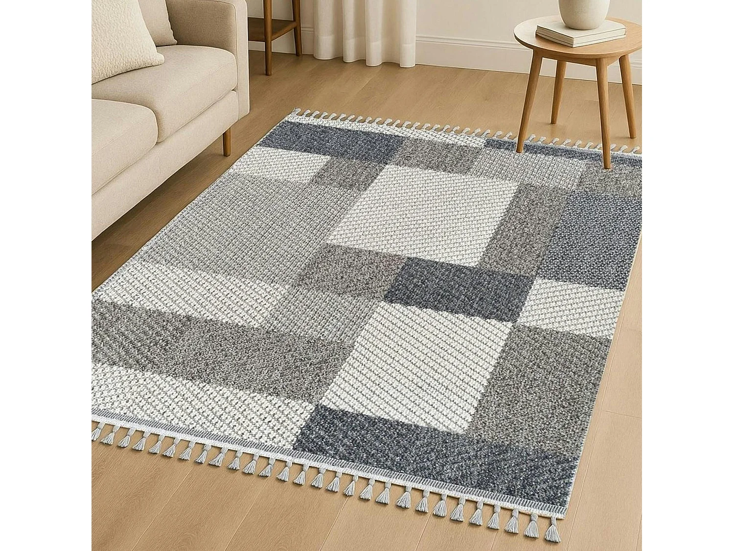 Tapis de salon gris et bleu – motifs carrés, 120x180 cm ISTANBUL