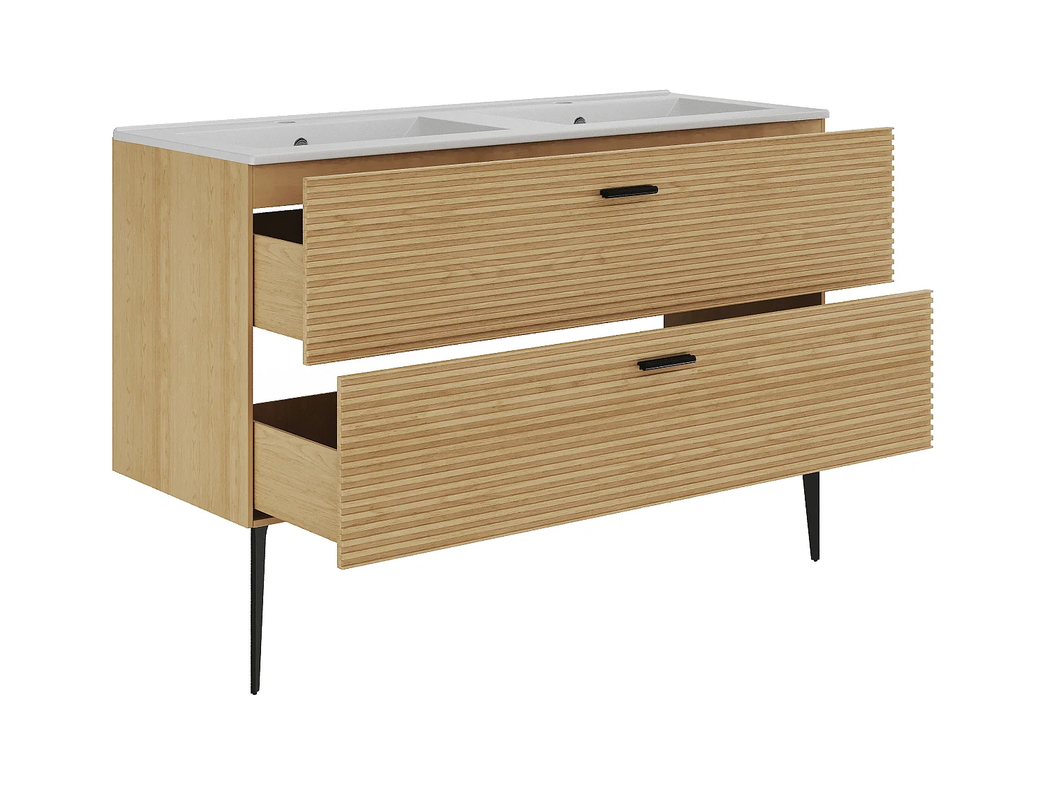 Meuble de salle de bain strié sur pieds avec vasque à encastrer et colonne - 2 tiroirs - Naturel clair - 120 cm - SARONE
