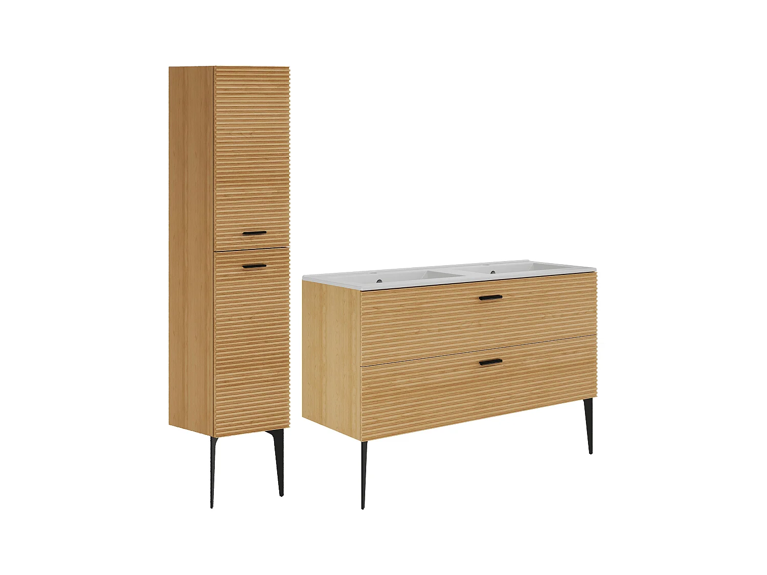 Meuble de salle de bain strié sur pieds avec vasque à encastrer et colonne - 2 tiroirs - Naturel clair - 120 cm - SARONE