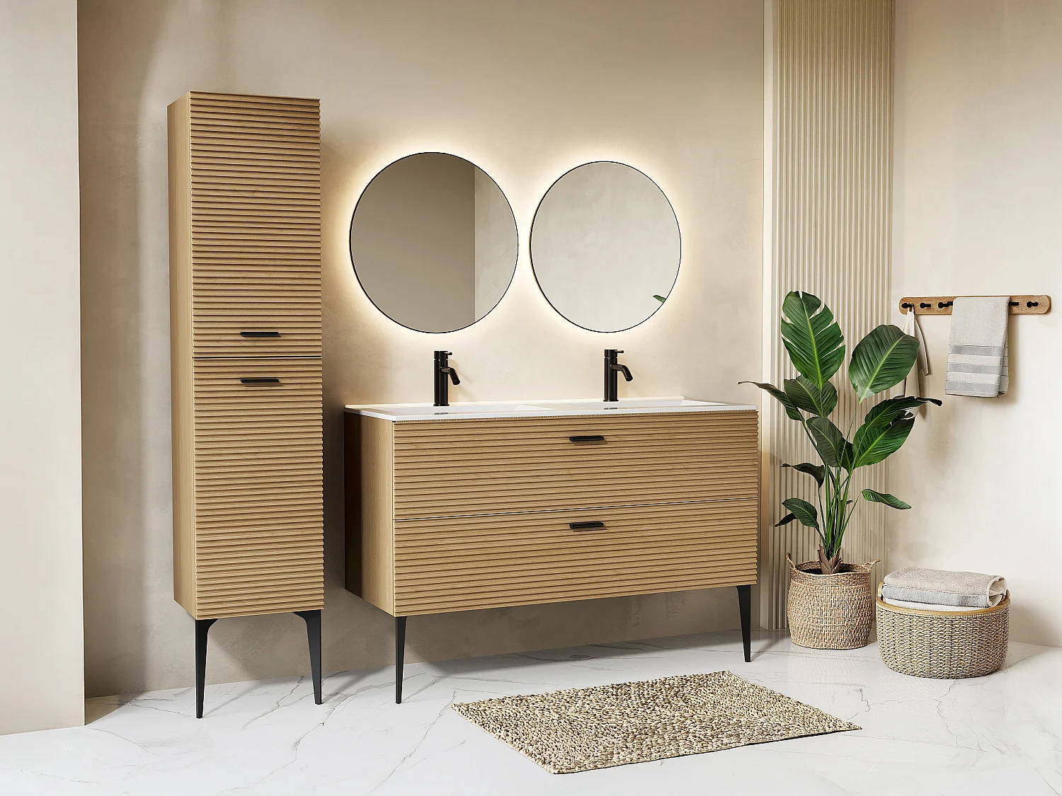 Badezimmermöbel geriffelt auf Füßen mit Einbauwaschbecken und Hochschrank - 2 Schubladen - Natur hell - 120 cm - SARONE