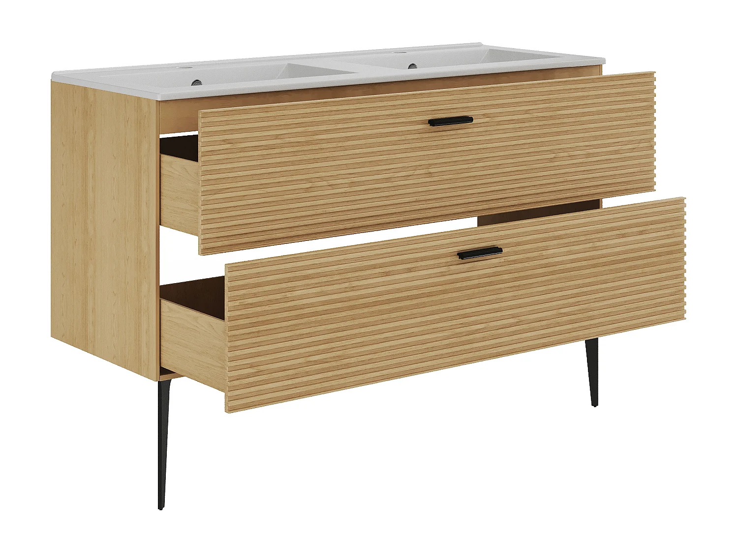 Meuble de salle de bain strié sur pieds avec vasque à encastrer et colonne - 2 tiroirs - Naturel clair - 120 cm - SARONE