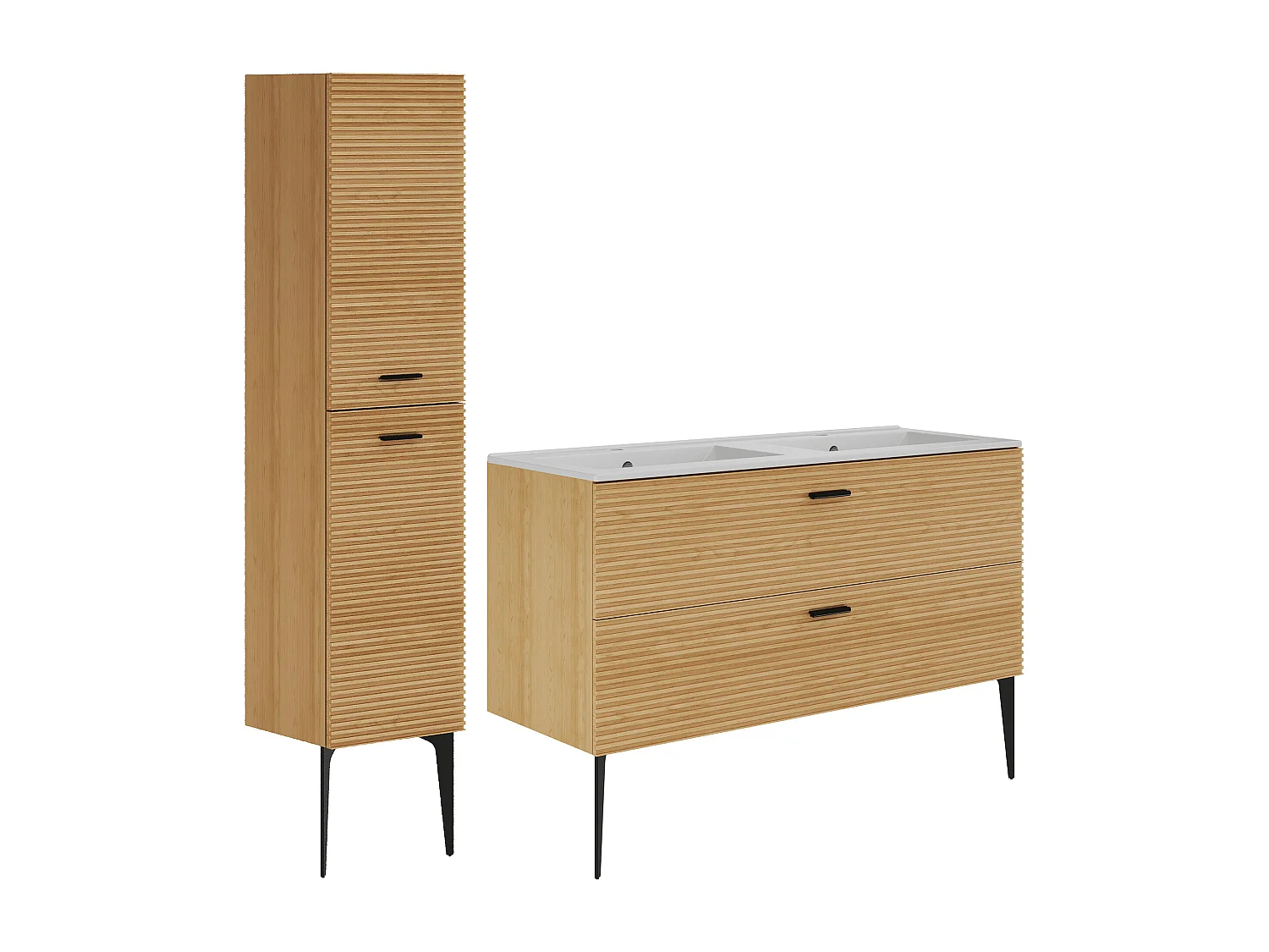 Meuble de salle de bain strié sur pieds avec vasque à encastrer et colonne - 2 tiroirs - Naturel clair - 120 cm - SARONE