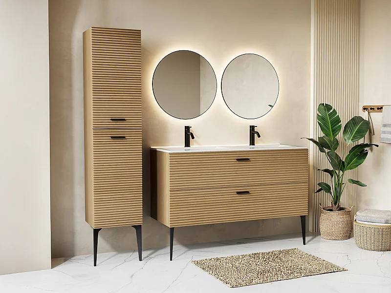 Meuble de salle de bain strié sur pieds avec vasque à encastrer et colonne - 2 tiroirs - Naturel clair - 120 cm - SARONE