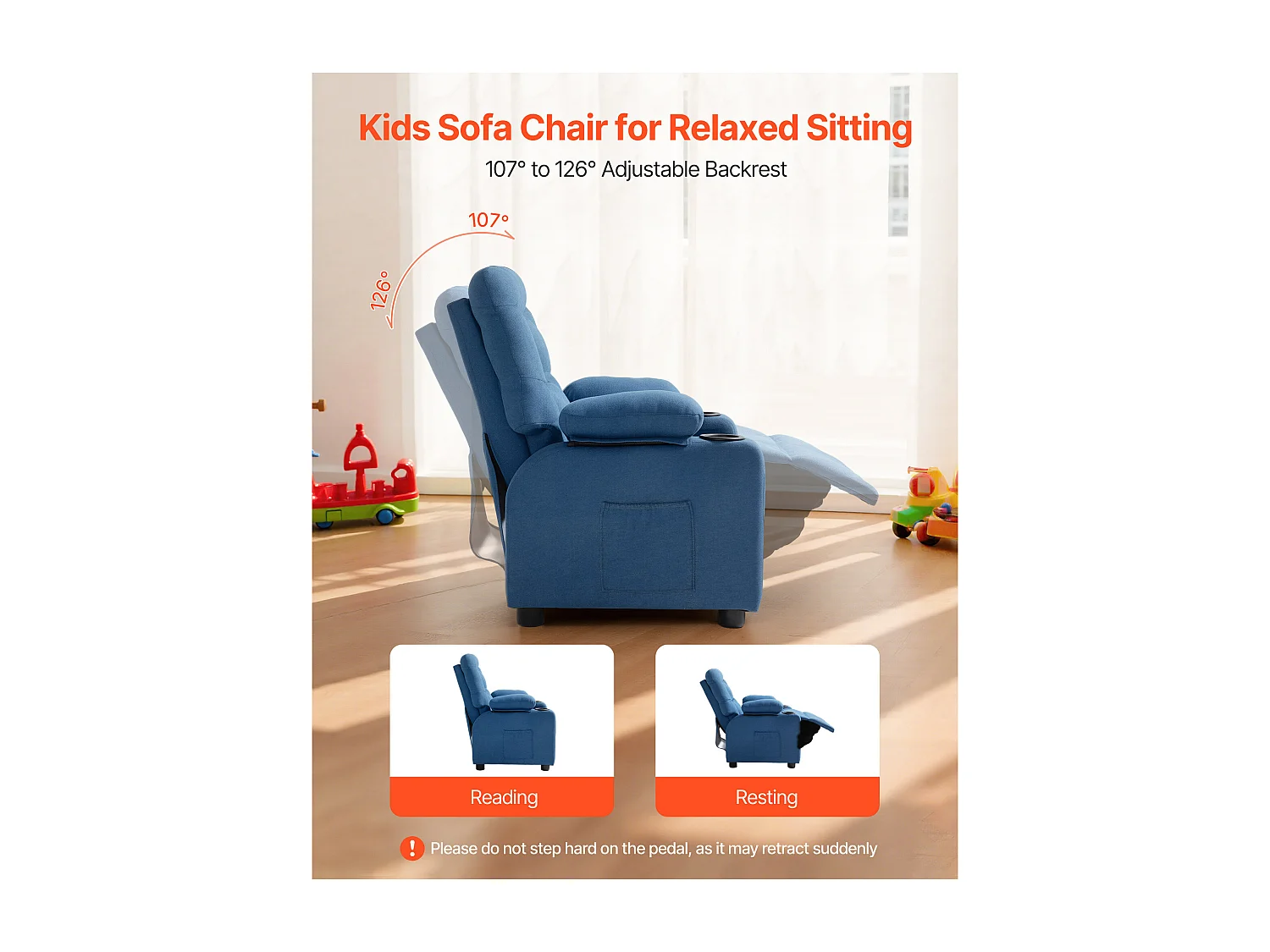 Poltrona Reclinabile SucceBuy per Bambini, Sedia Relax Ergonomica, con Portabicchieri e Tasche, Schienale Regolabile da 107° a 126°, per Cameretta, Blu