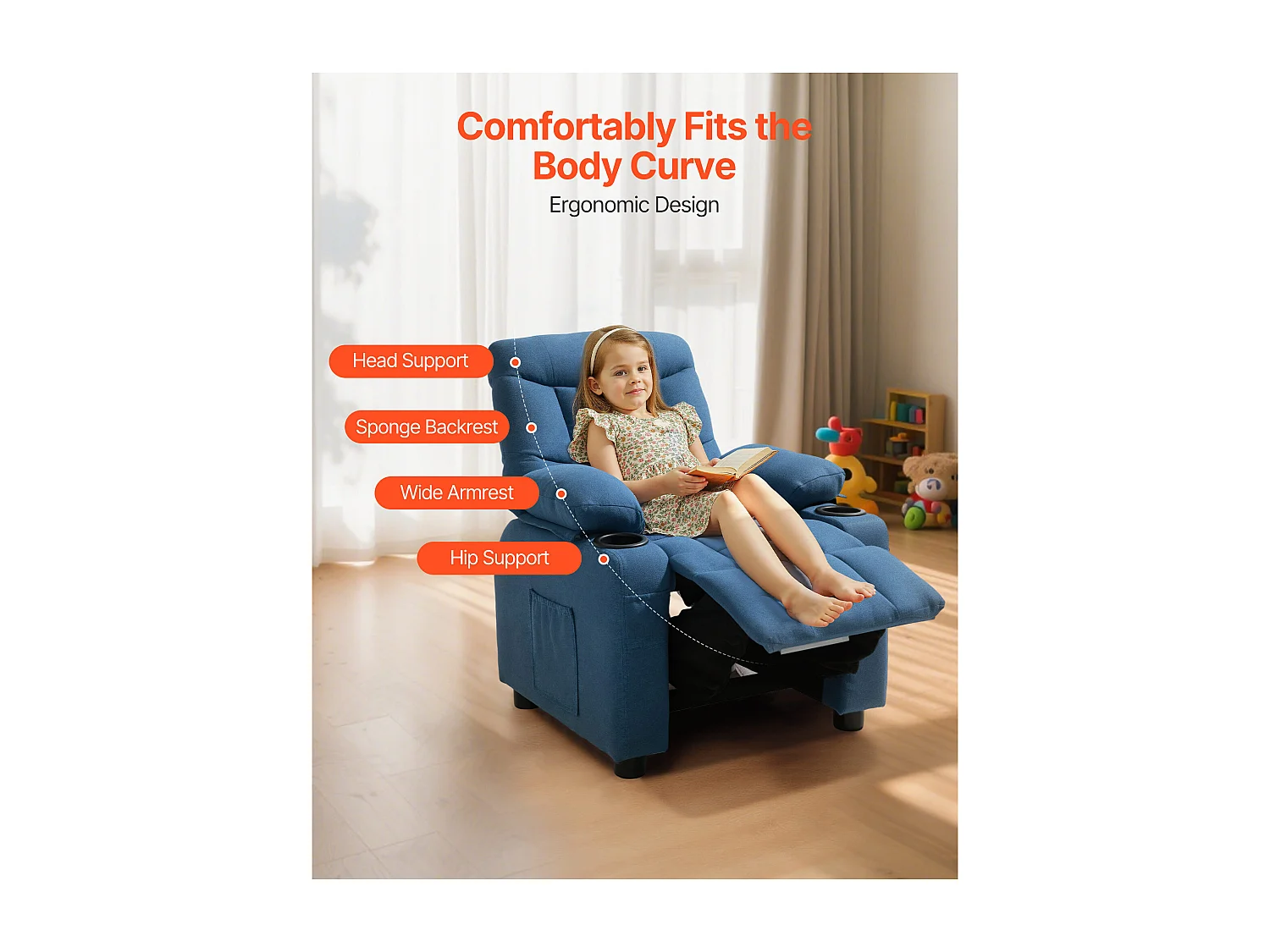 Poltrona Reclinabile SucceBuy per Bambini, Sedia Relax Ergonomica, con Portabicchieri e Tasche, Schienale Regolabile da 107° a 126°, per Cameretta, Blu