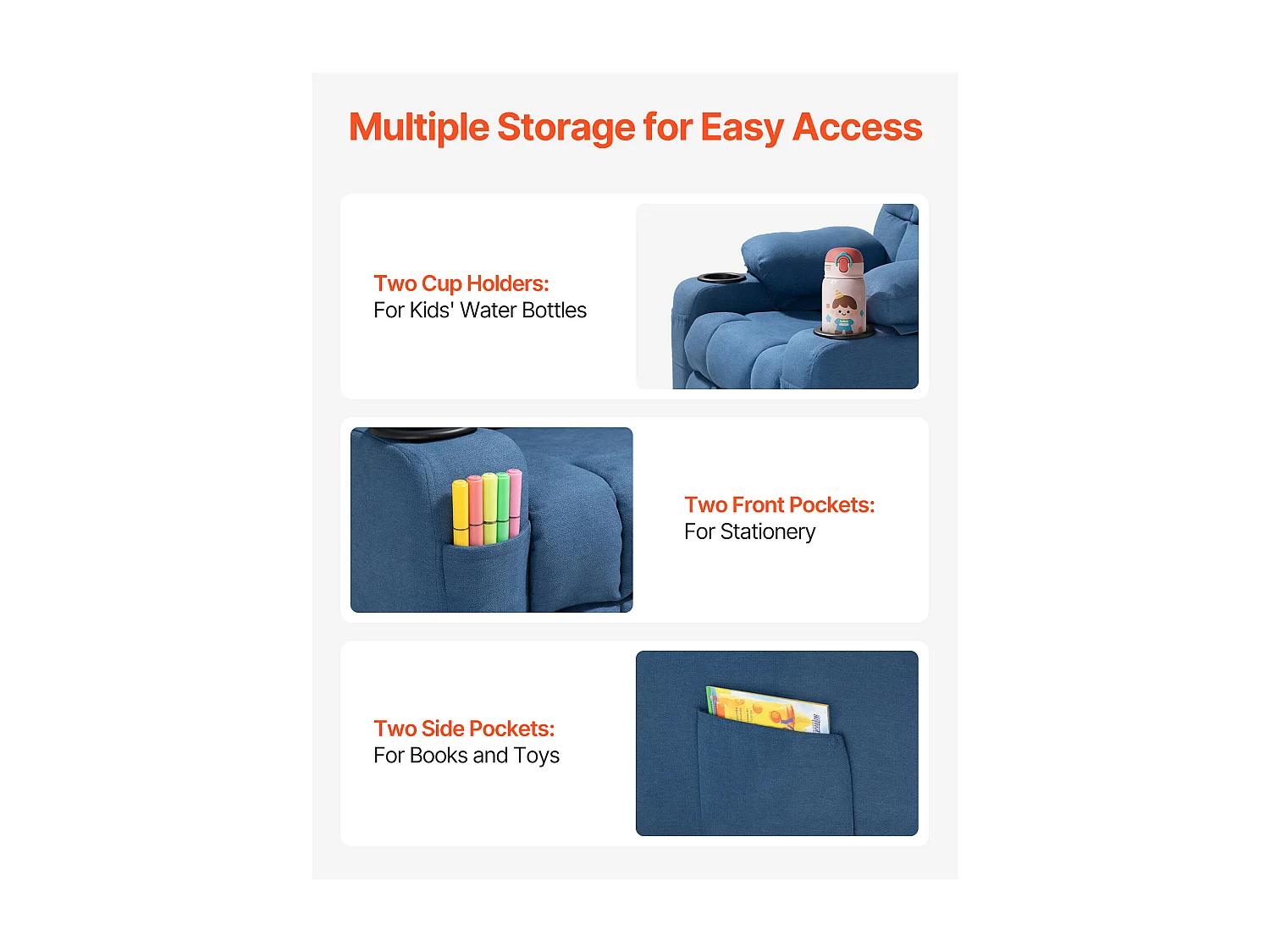 Poltrona Reclinabile SucceBuy per Bambini, Sedia Relax Ergonomica, con Portabicchieri e Tasche, Schienale Regolabile da 107° a 126°, per Cameretta, Blu