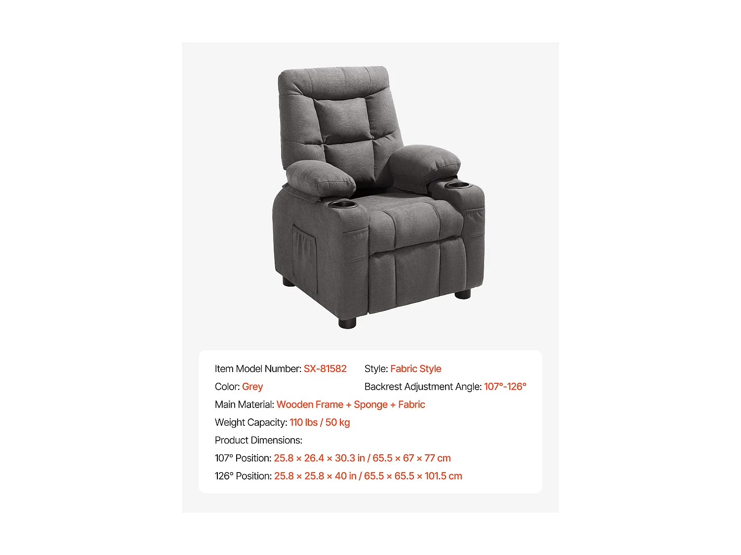 Fauteuil Inclinable SucceBuy pour Enfants, Chaise Relax Ergonomique, avec Porte-Gobelets et Poches, Dossier Réglable 107° à 126°, pour Chambre d’Enfants, Gris