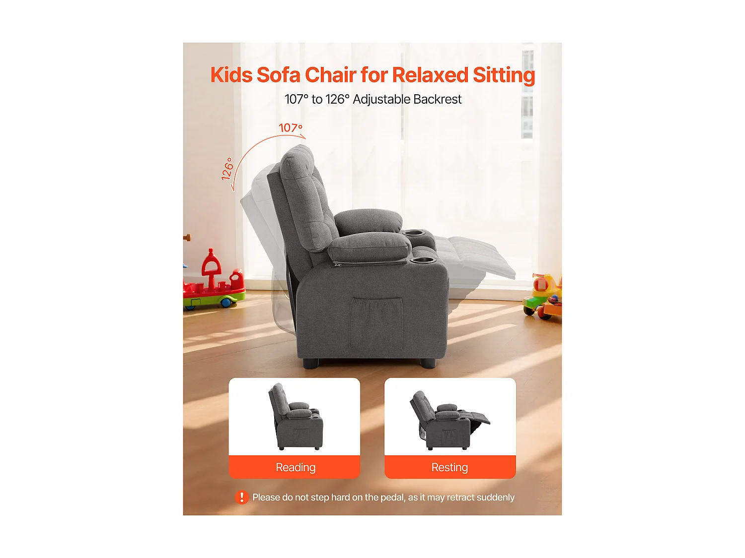 Fauteuil Inclinable SucceBuy pour Enfants, Chaise Relax Ergonomique, avec Porte-Gobelets et Poches, Dossier Réglable 107° à 126°, pour Chambre d’Enfants, Gris