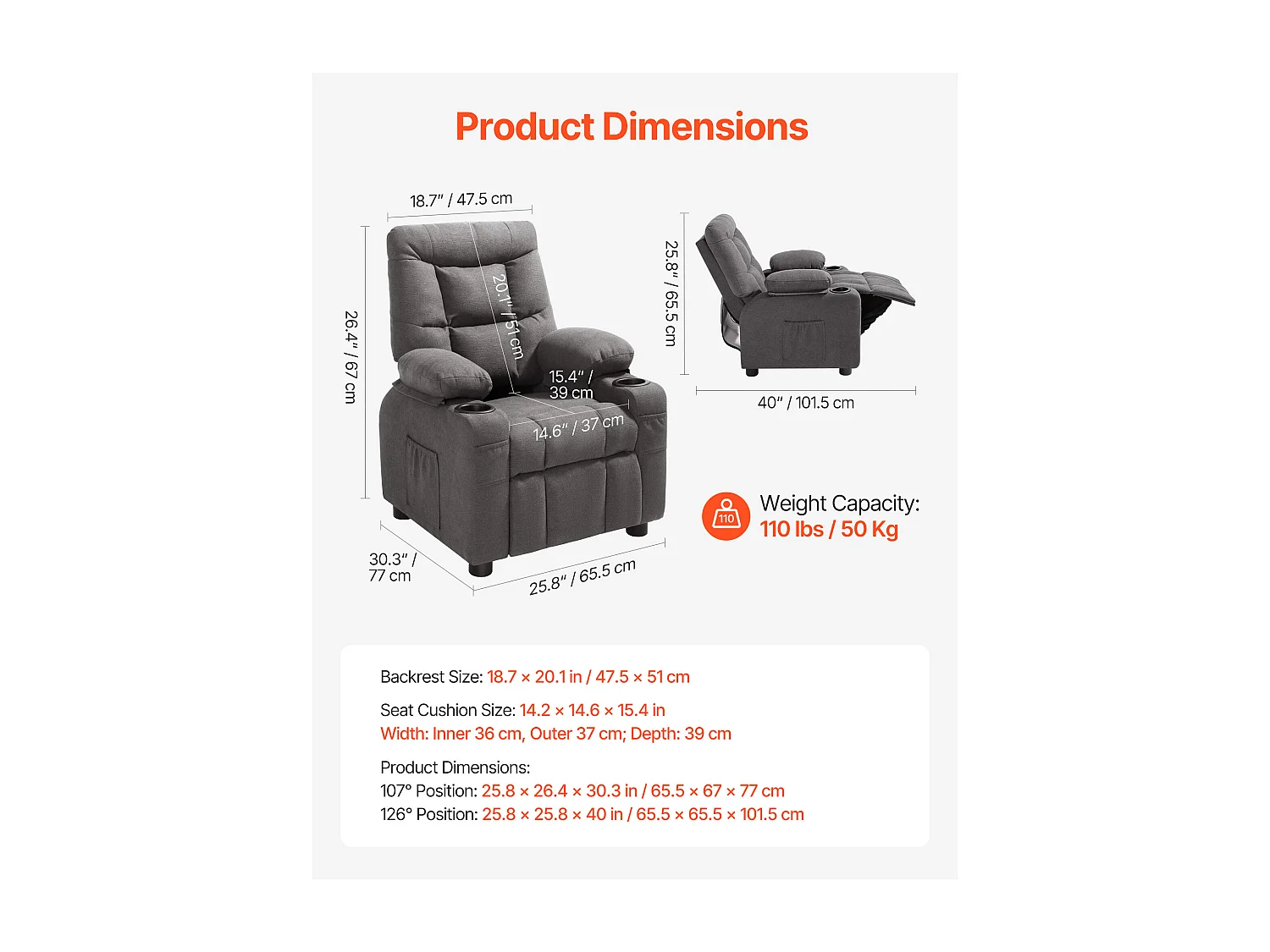 Fauteuil Inclinable SucceBuy pour Enfants, Chaise Relax Ergonomique, avec Porte-Gobelets et Poches, Dossier Réglable 107° à 126°, pour Chambre d’Enfants, Gris