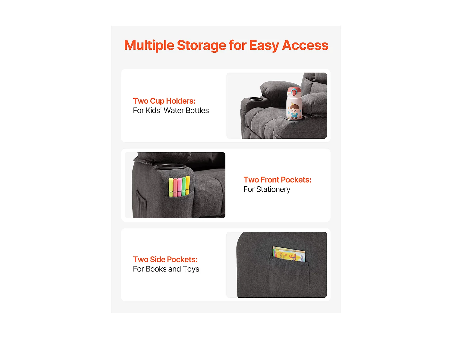 Fauteuil Inclinable SucceBuy pour Enfants, Chaise Relax Ergonomique, avec Porte-Gobelets et Poches, Dossier Réglable 107° à 126°, pour Chambre d’Enfants, Gris