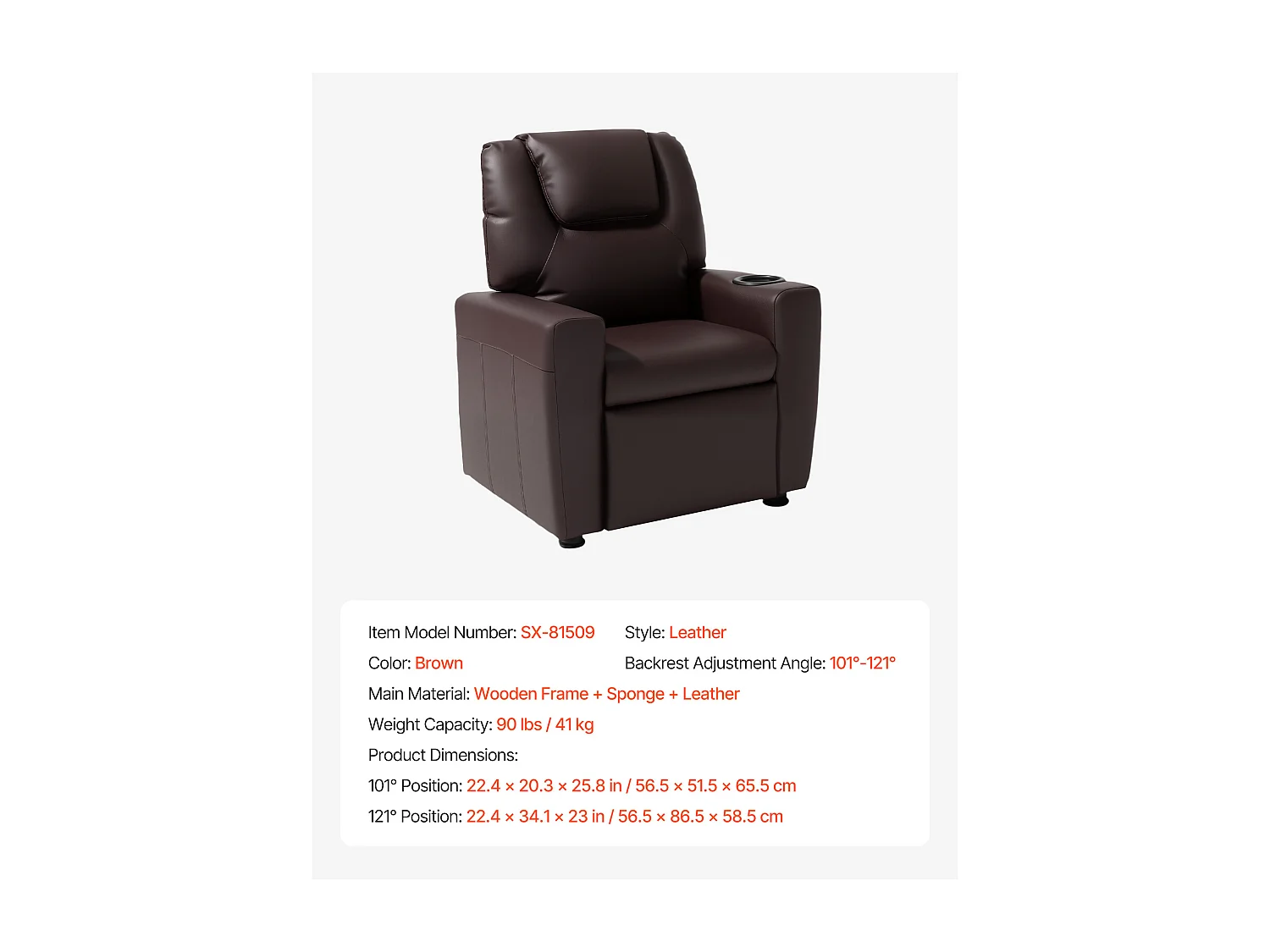 Fauteuil Inclinable SucceBuy pour Enfants, Chaise Relax Ergonomique, avec Porte-Gobelets et Poches, Dossier Réglable 101° à 121°,  pour Chambre d’Enfants, Marron