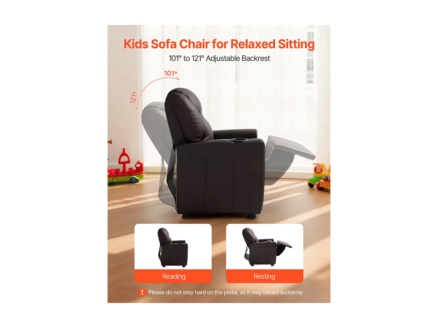 Fauteuil Inclinable SucceBuy pour Enfants, Chaise Relax Ergonomique, avec Porte-Gobelets et Poches, Dossier Réglable 101° à 121°,  pour Chambre d’Enfants, Marron