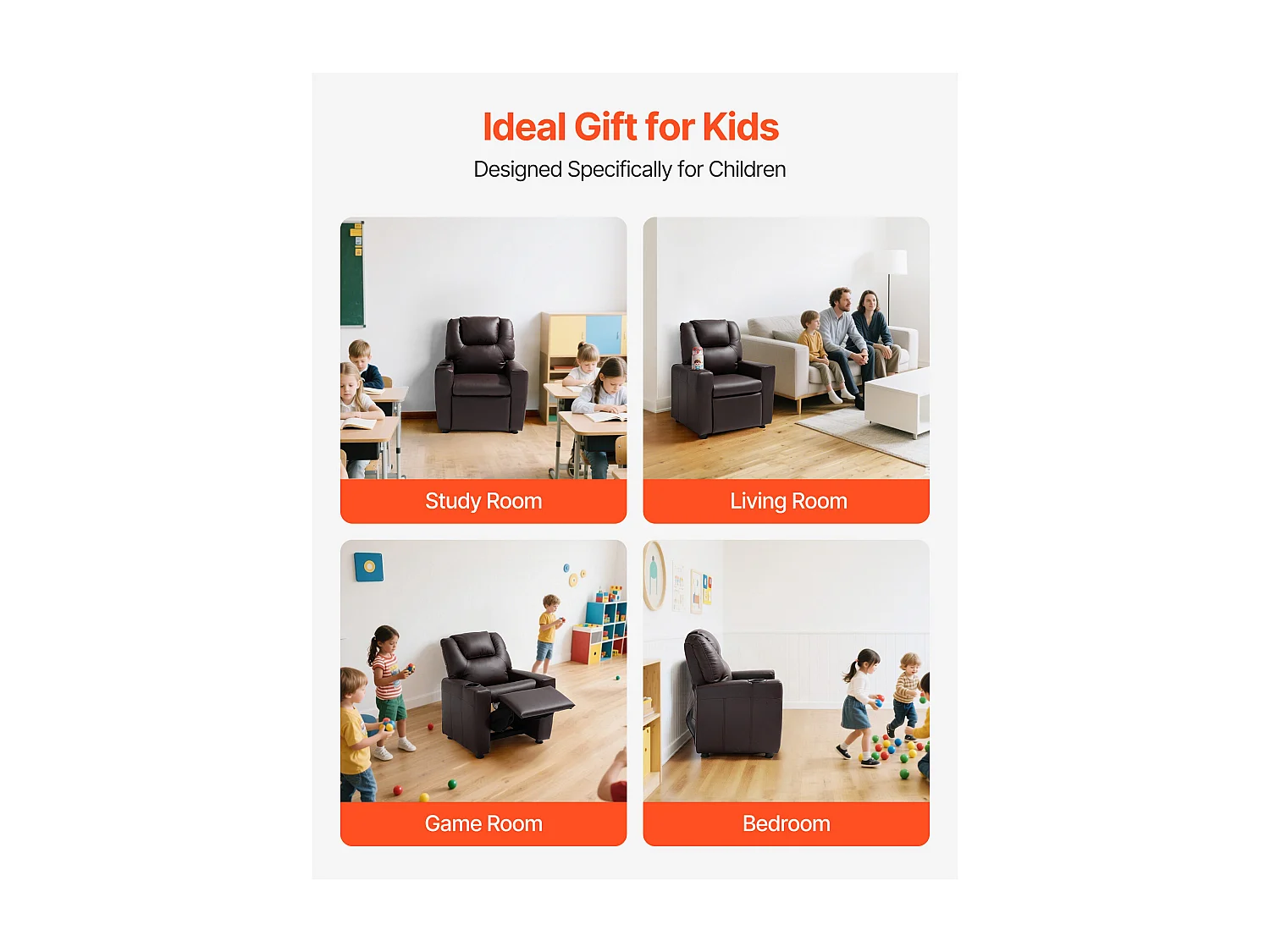Fauteuil Inclinable SucceBuy pour Enfants, Chaise Relax Ergonomique, avec Porte-Gobelets et Poches, Dossier Réglable 101° à 121°,  pour Chambre d’Enfants, Marron