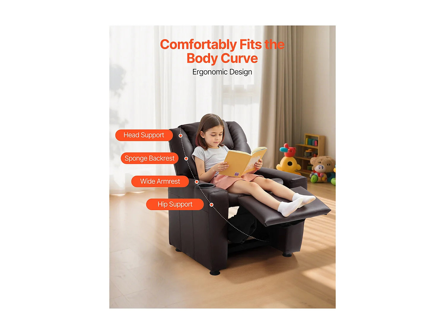 Fauteuil Inclinable SucceBuy pour Enfants, Chaise Relax Ergonomique, avec Porte-Gobelets et Poches, Dossier Réglable 101° à 121°,  pour Chambre d’Enfants, Marron