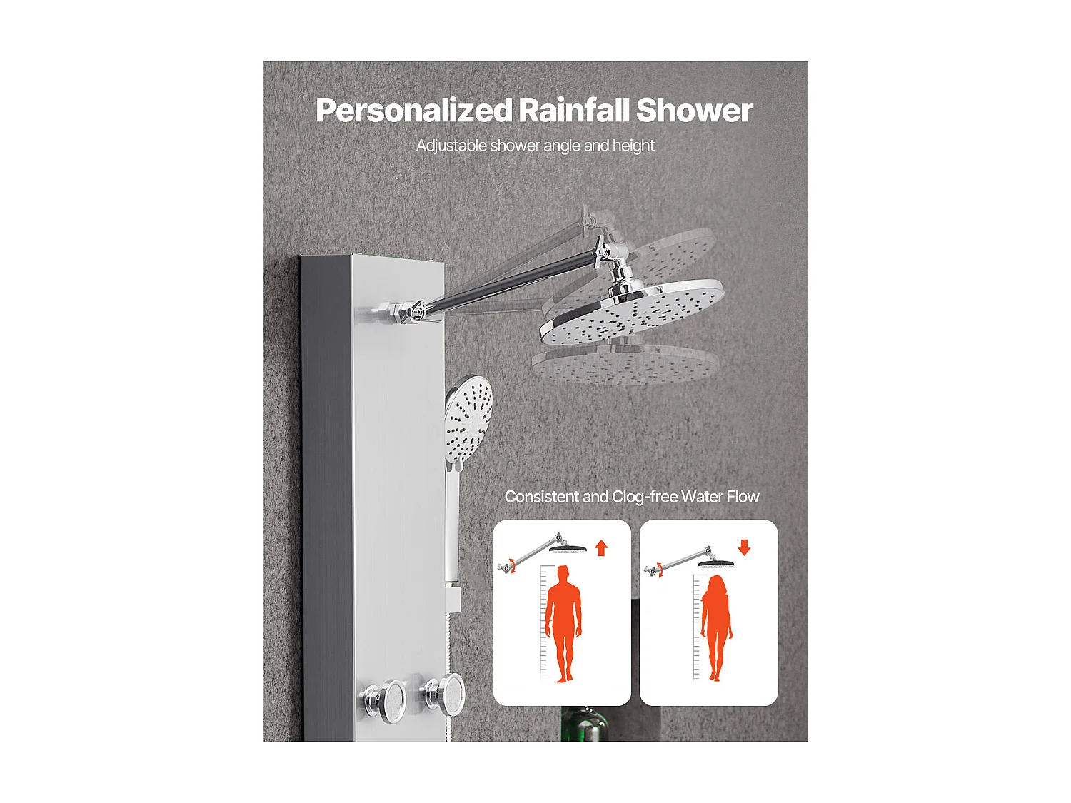 Colonne de Douche SucceBuy, avec Pommeau de Ddouche Effet Pluie, Système de Panneau de Douchette Mural Haute Pression Acier Inox Brossé 124 cm, Robinet 3 Fonctions