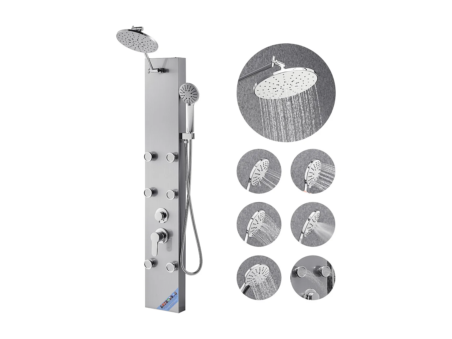 Colonne de Douche SucceBuy, avec Pommeau de Ddouche Effet Pluie, Système de Panneau de Douchette Mural Haute Pression Acier Inox Brossé 124 cm, Robinet 3 Fonctions