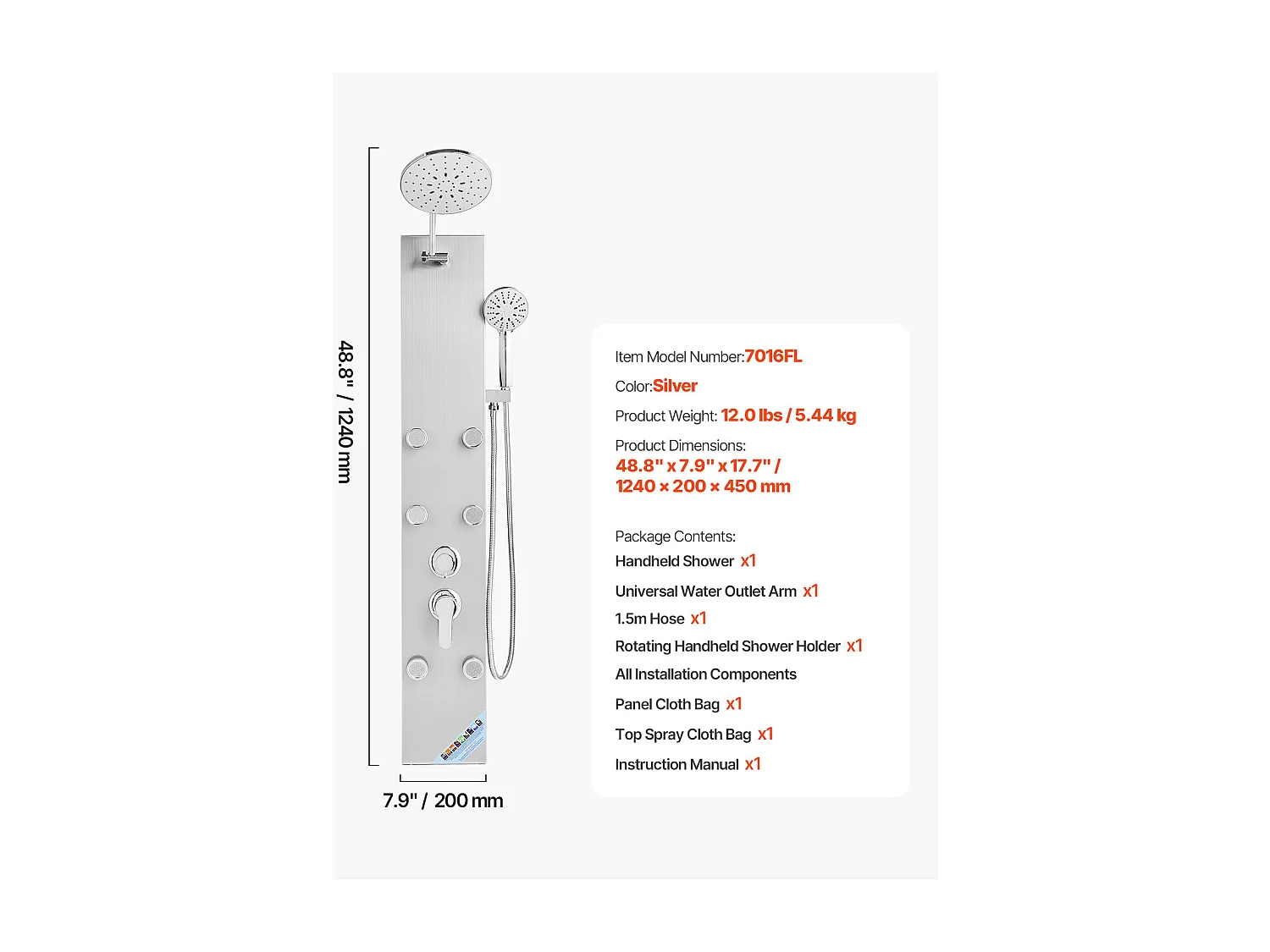 Colonne de Douche SucceBuy, avec Pommeau de Ddouche Effet Pluie, Système de Panneau de Douchette Mural Haute Pression Acier Inox Brossé 124 cm, Robinet 3 Fonctions