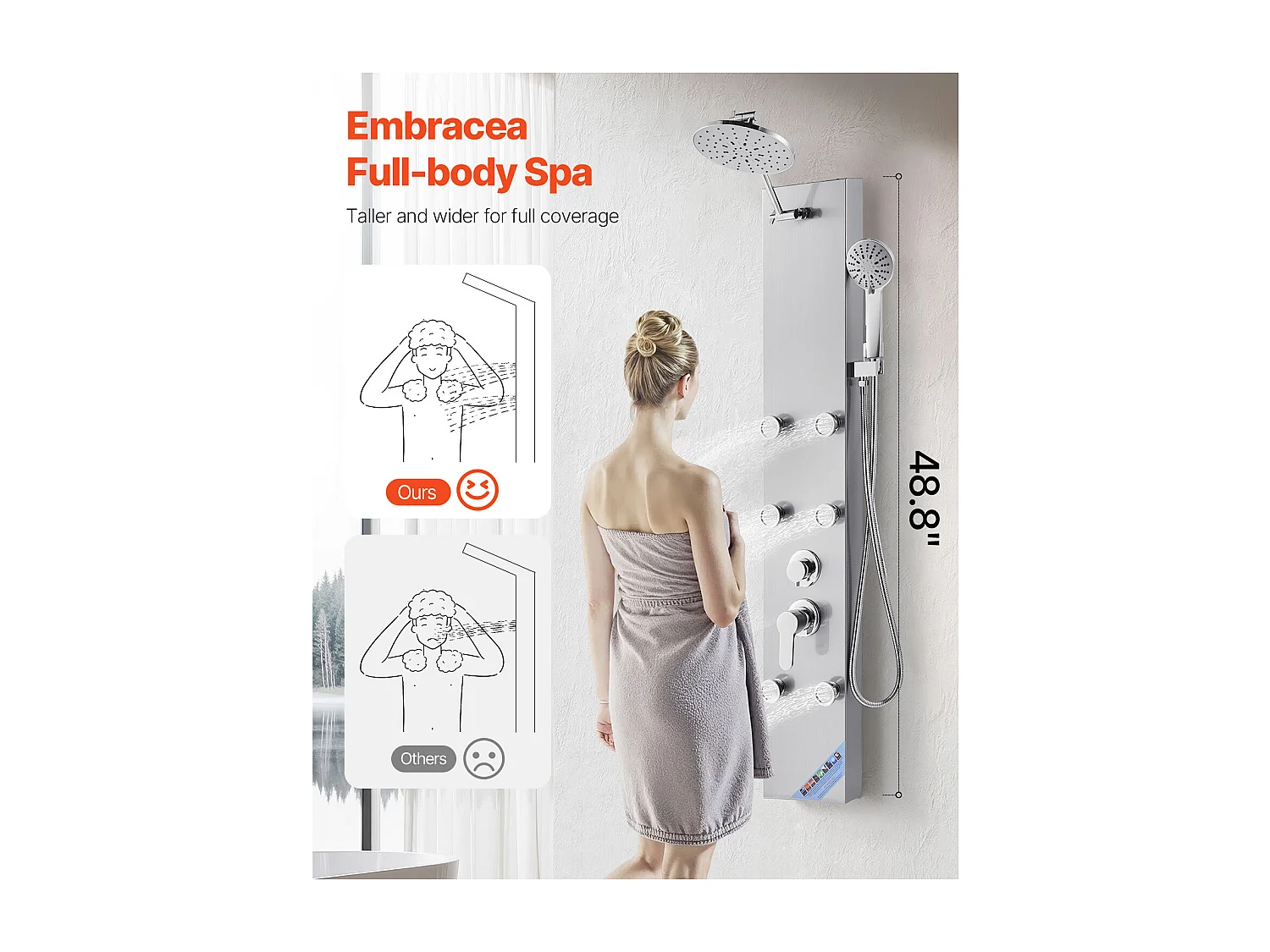 Colonne de Douche SucceBuy, avec Pommeau de Ddouche Effet Pluie, Système de Panneau de Douchette Mural Haute Pression Acier Inox Brossé 124 cm, Robinet 3 Fonctions