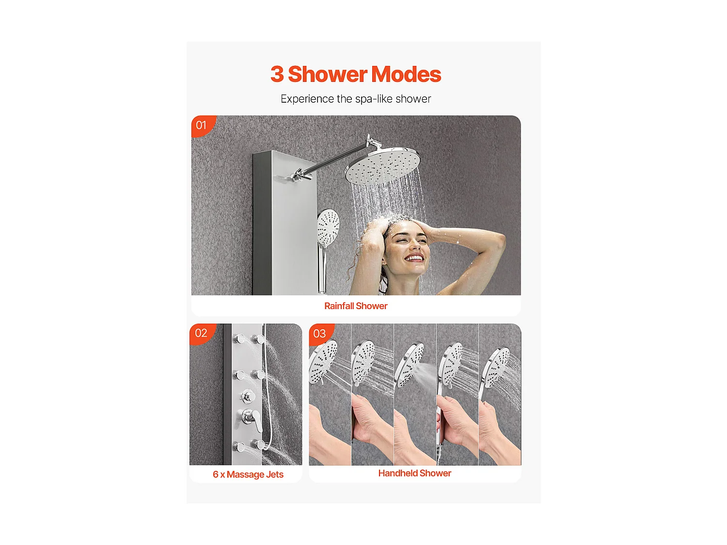 Colonne de Douche SucceBuy, avec Pommeau de Ddouche Effet Pluie, Système de Panneau de Douchette Mural Haute Pression Acier Inox Brossé 124 cm, Robinet 3 Fonctions