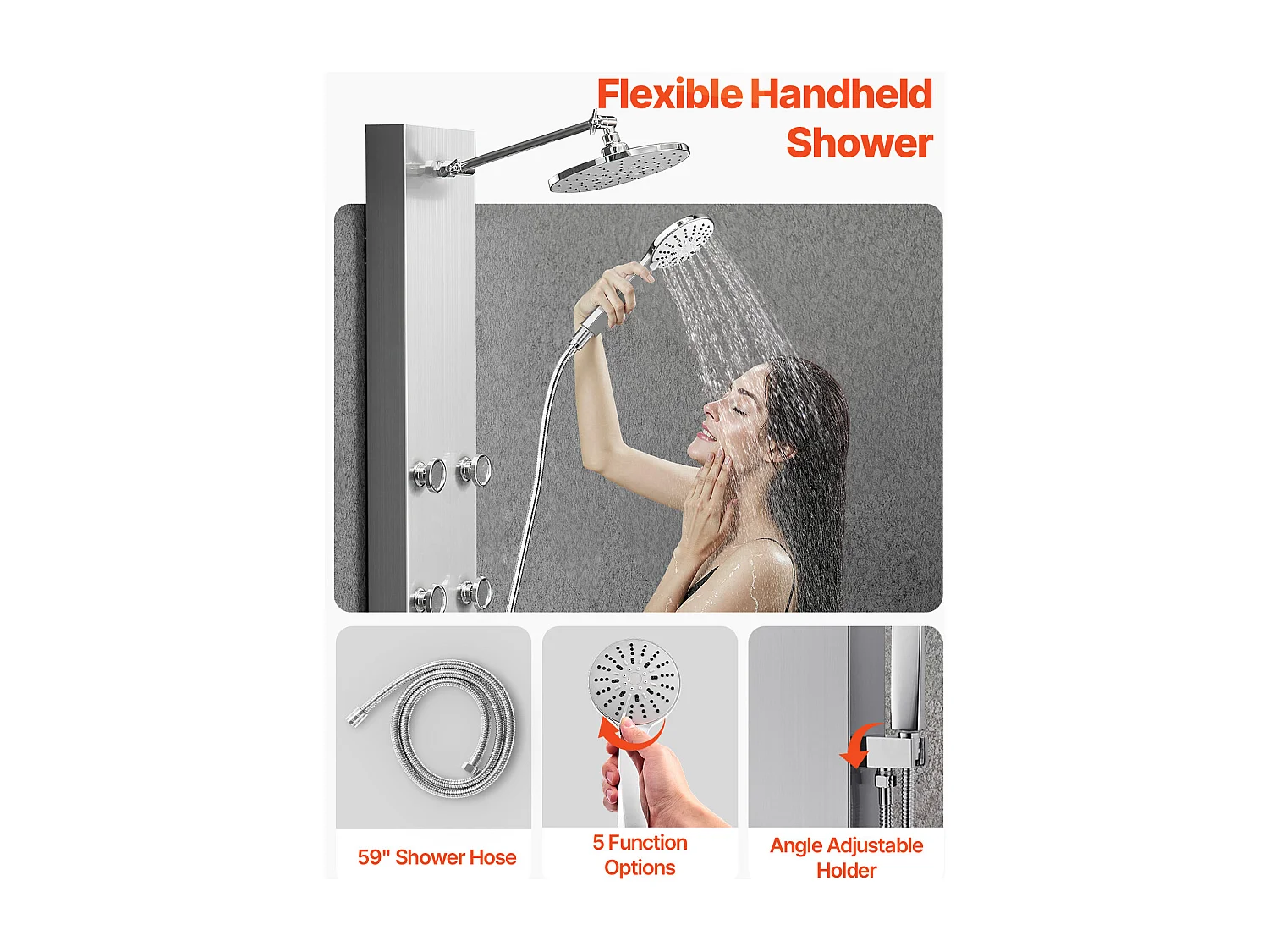 Colonne de Douche SucceBuy, avec Pommeau de Ddouche Effet Pluie, Système de Panneau de Douchette Mural Haute Pression Acier Inox Brossé 124 cm, Robinet 3 Fonctions