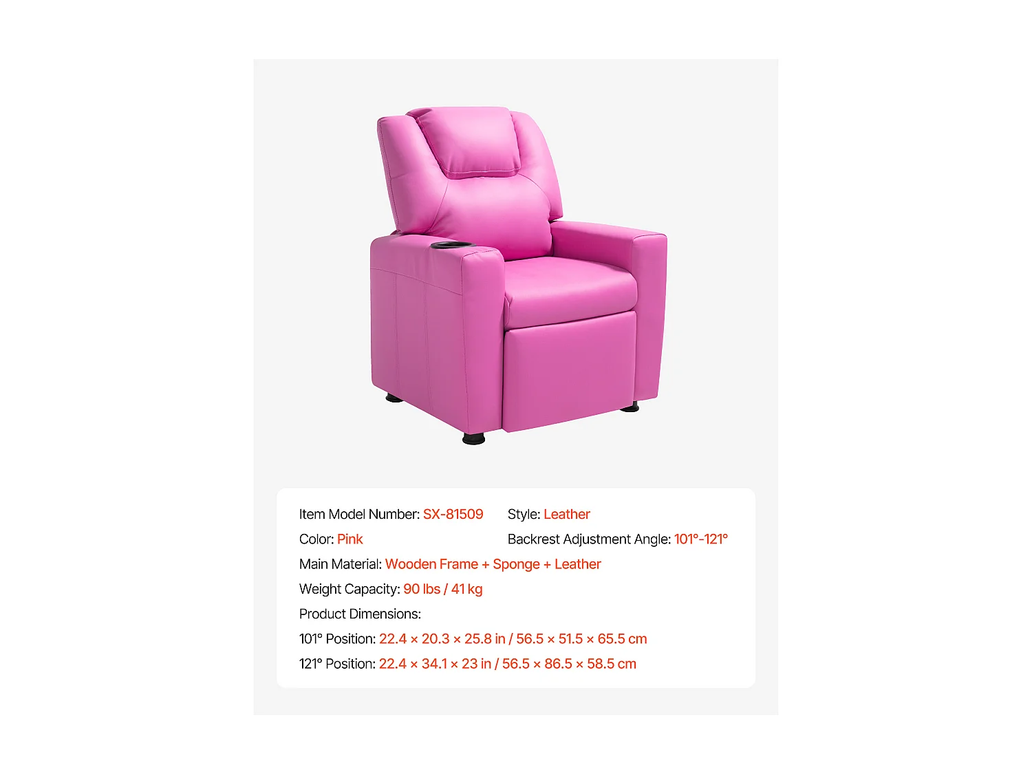 Fauteuil Inclinable SucceBuy pour Enfants, Chaise Relax Ergonomique, avec Porte-Gobelets et Poches, Dossier Réglable 101° à 121°, pour Chambre d’Enfants, Rose