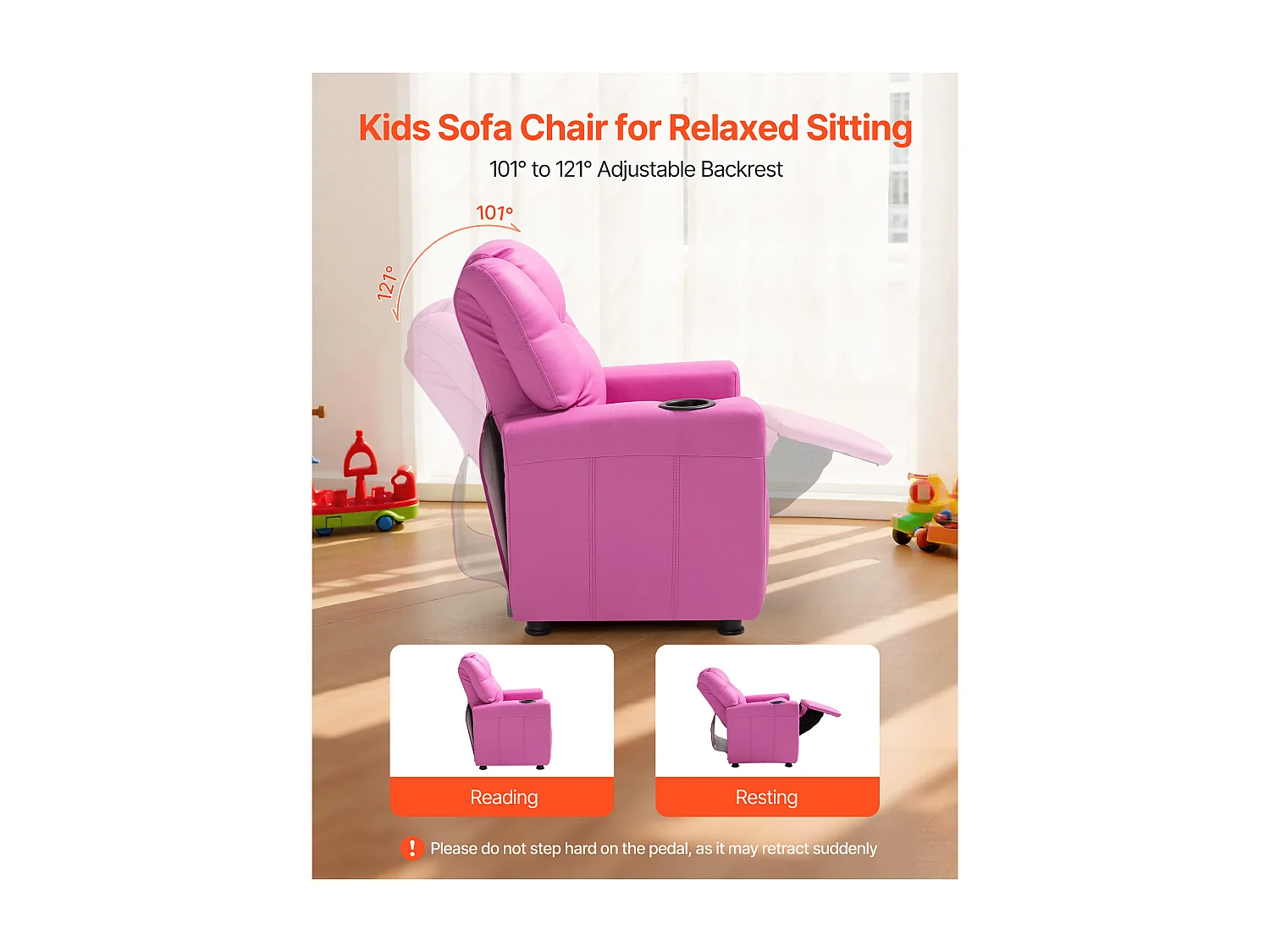 Fauteuil Inclinable SucceBuy pour Enfants, Chaise Relax Ergonomique, avec Porte-Gobelets et Poches, Dossier Réglable 101° à 121°, pour Chambre d’Enfants, Rose