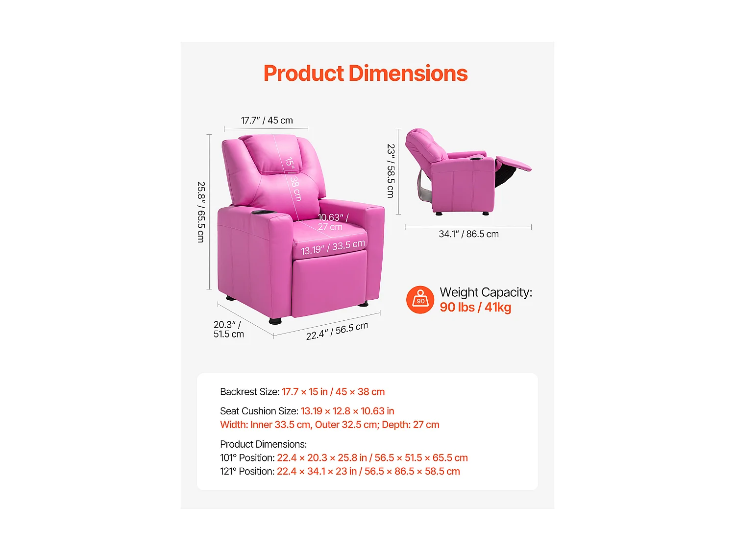 Fauteuil Inclinable SucceBuy pour Enfants, Chaise Relax Ergonomique, avec Porte-Gobelets et Poches, Dossier Réglable 101° à 121°, pour Chambre d’Enfants, Rose