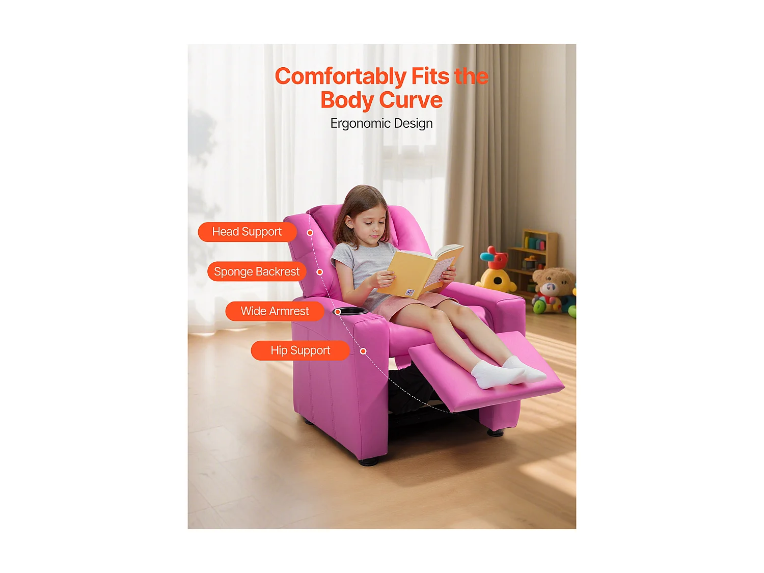 Fauteuil Inclinable SucceBuy pour Enfants, Chaise Relax Ergonomique, avec Porte-Gobelets et Poches, Dossier Réglable 101° à 121°, pour Chambre d’Enfants, Rose