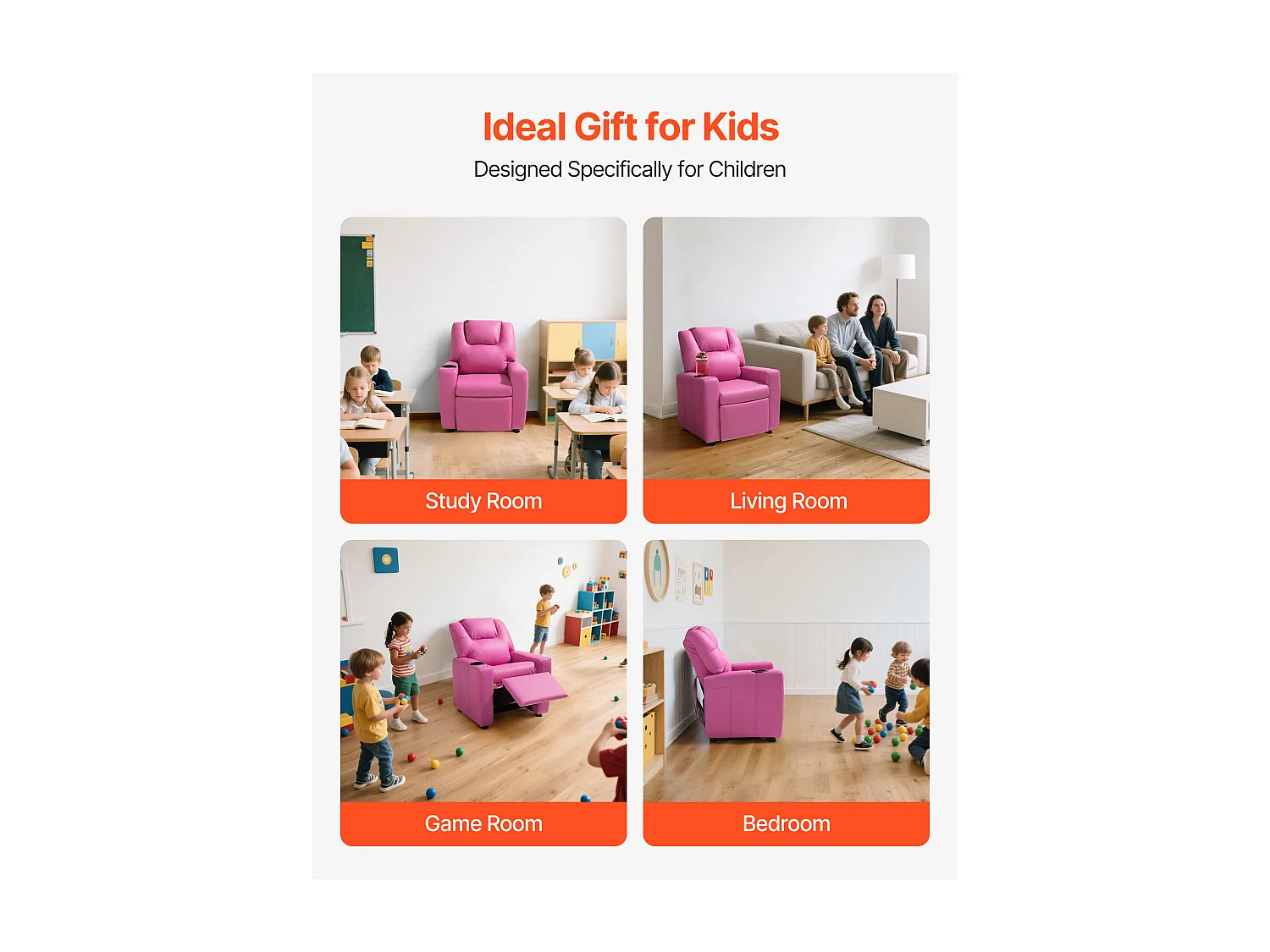 Fauteuil Inclinable SucceBuy pour Enfants, Chaise Relax Ergonomique, avec Porte-Gobelets et Poches, Dossier Réglable 101° à 121°, pour Chambre d’Enfants, Rose
