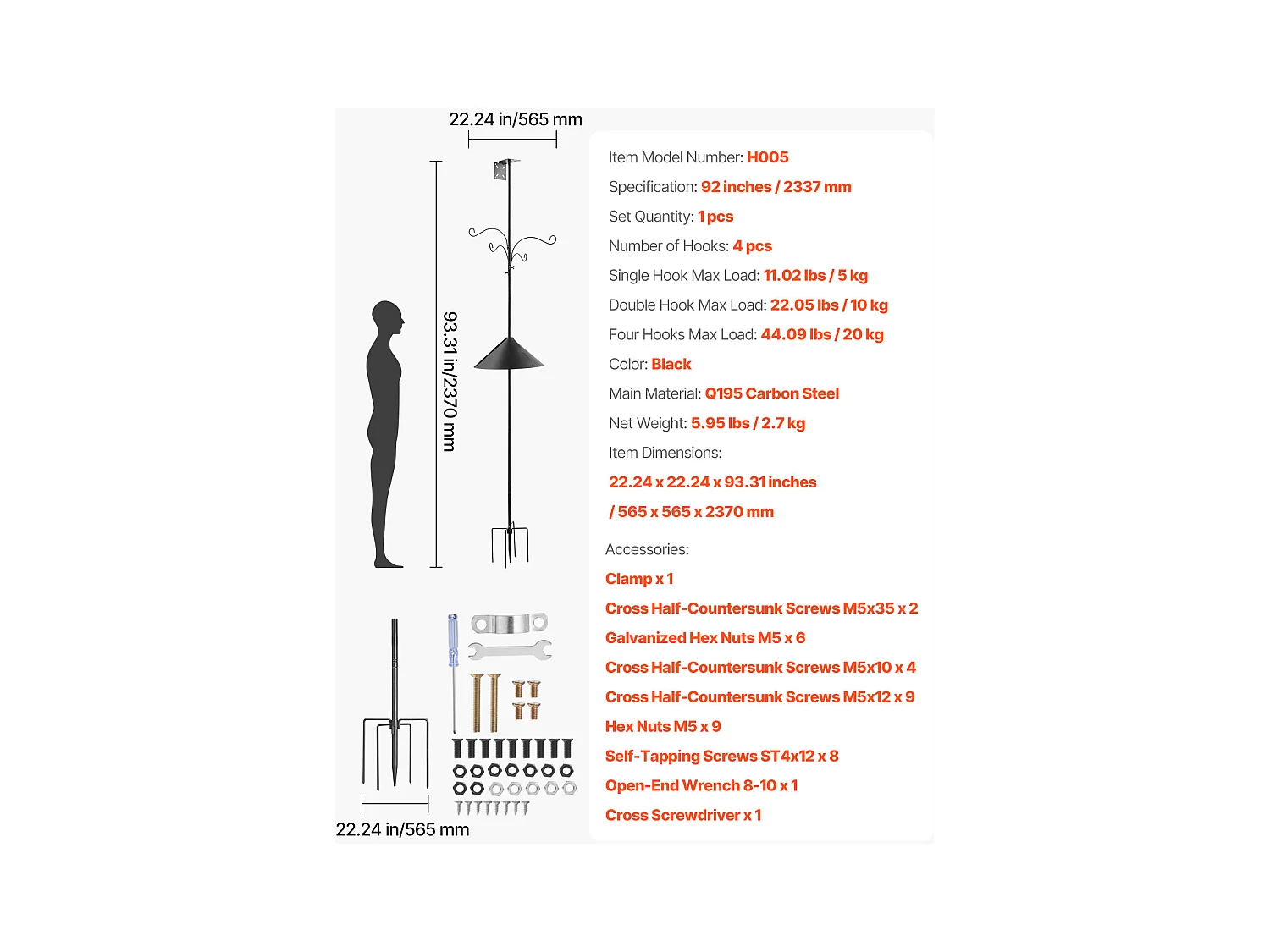 Crochet de Berger SucceBuy, 4 Crochets, Mangeoire pour Oiseaux Sauvages de 237 cm de Haut, Ensemble Suspendu avec Protection contre les Écureuils