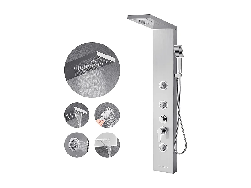 Colonne de Douche SucceBuy, avec Pommeau de Ddouche Effet Pluie, Système de Panneau de Douchette Mural Haute Pression Acier Inox Brossé, Robinet 5 Fonctions