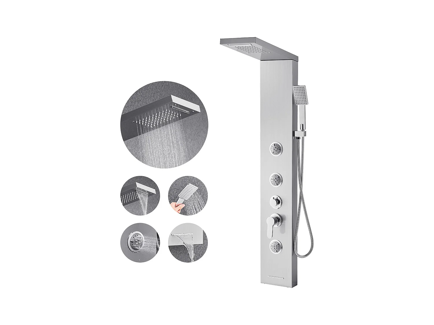 Colonne de Douche SucceBuy, avec Pommeau de Ddouche Effet Pluie, Système de Panneau de Douchette Mural Haute Pression Acier Inox Brossé, Robinet 5 Fonctions