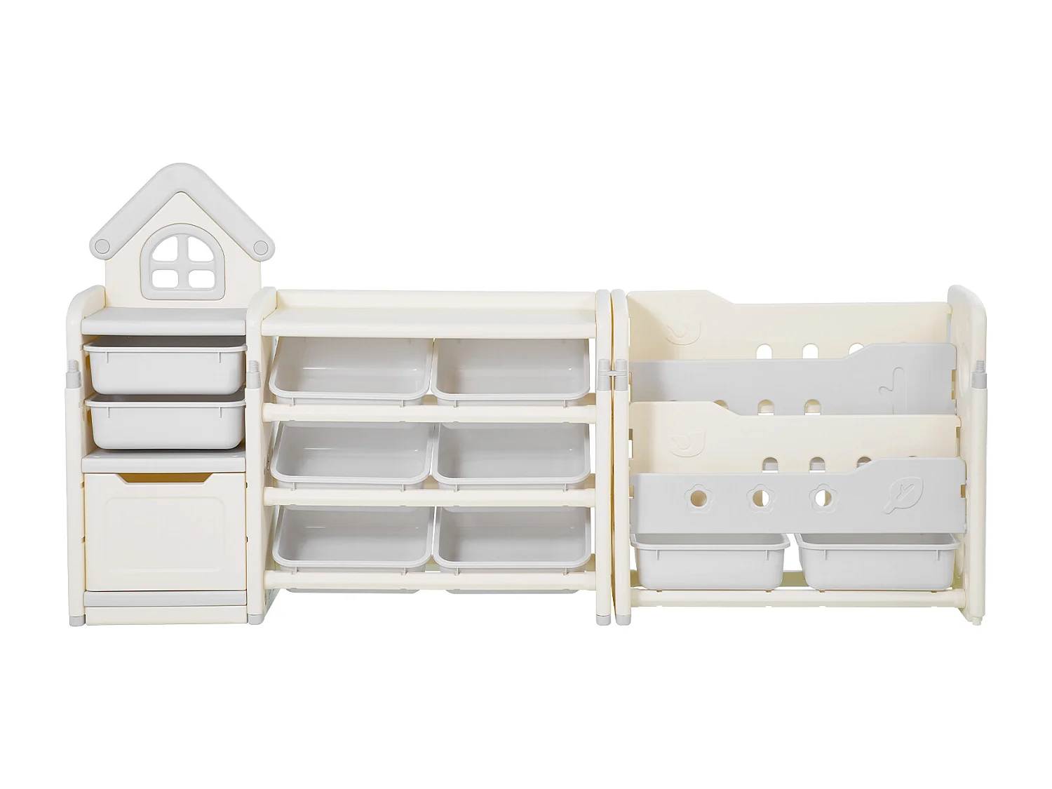 Aufbewahrungsmöbel für Kinderspielzeug SucceBuy, 4-Stöckig mit Bücherregal, Spielzeug-Organisationsregal mit 10 Herausnehmbaren Kunststoffbehältern, Grau und Beige