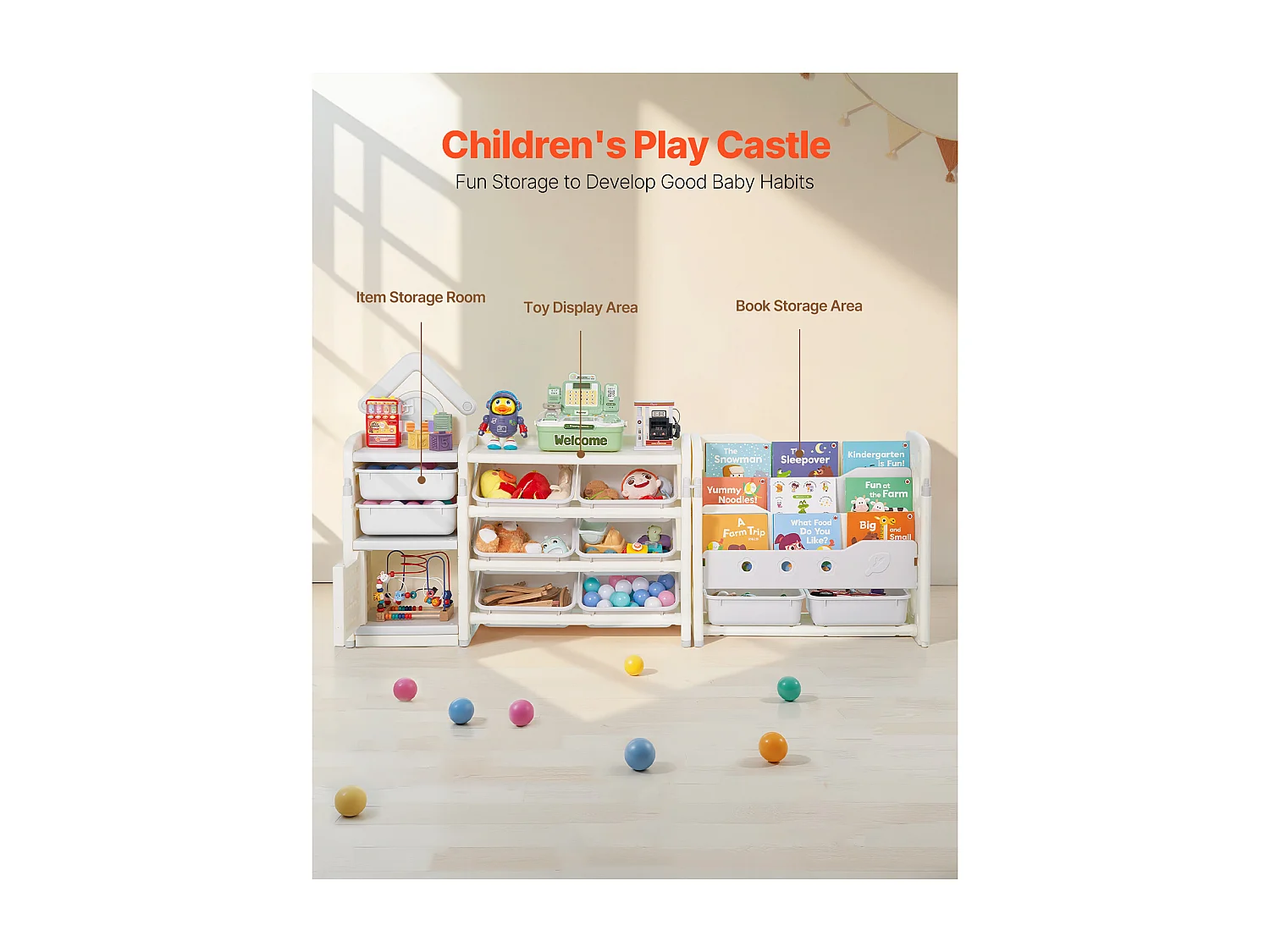 Aufbewahrungsmöbel für Kinderspielzeug SucceBuy, 4-Stöckig mit Bücherregal, Spielzeug-Organisationsregal mit 10 Herausnehmbaren Kunststoffbehältern, Grau und Beige