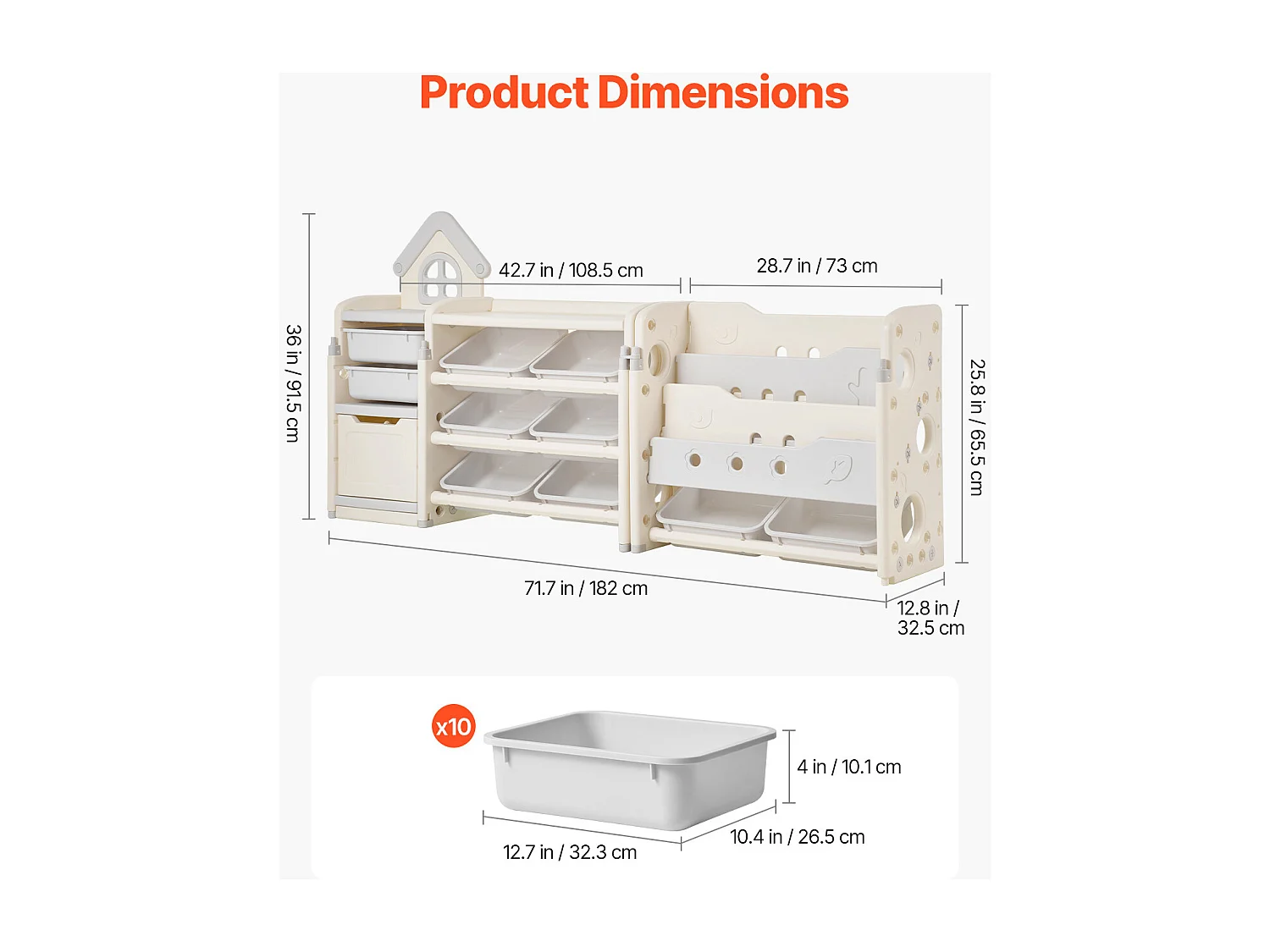 Aufbewahrungsmöbel für Kinderspielzeug SucceBuy, 4-Stöckig mit Bücherregal, Spielzeug-Organisationsregal mit 10 Herausnehmbaren Kunststoffbehältern, Grau und Beige