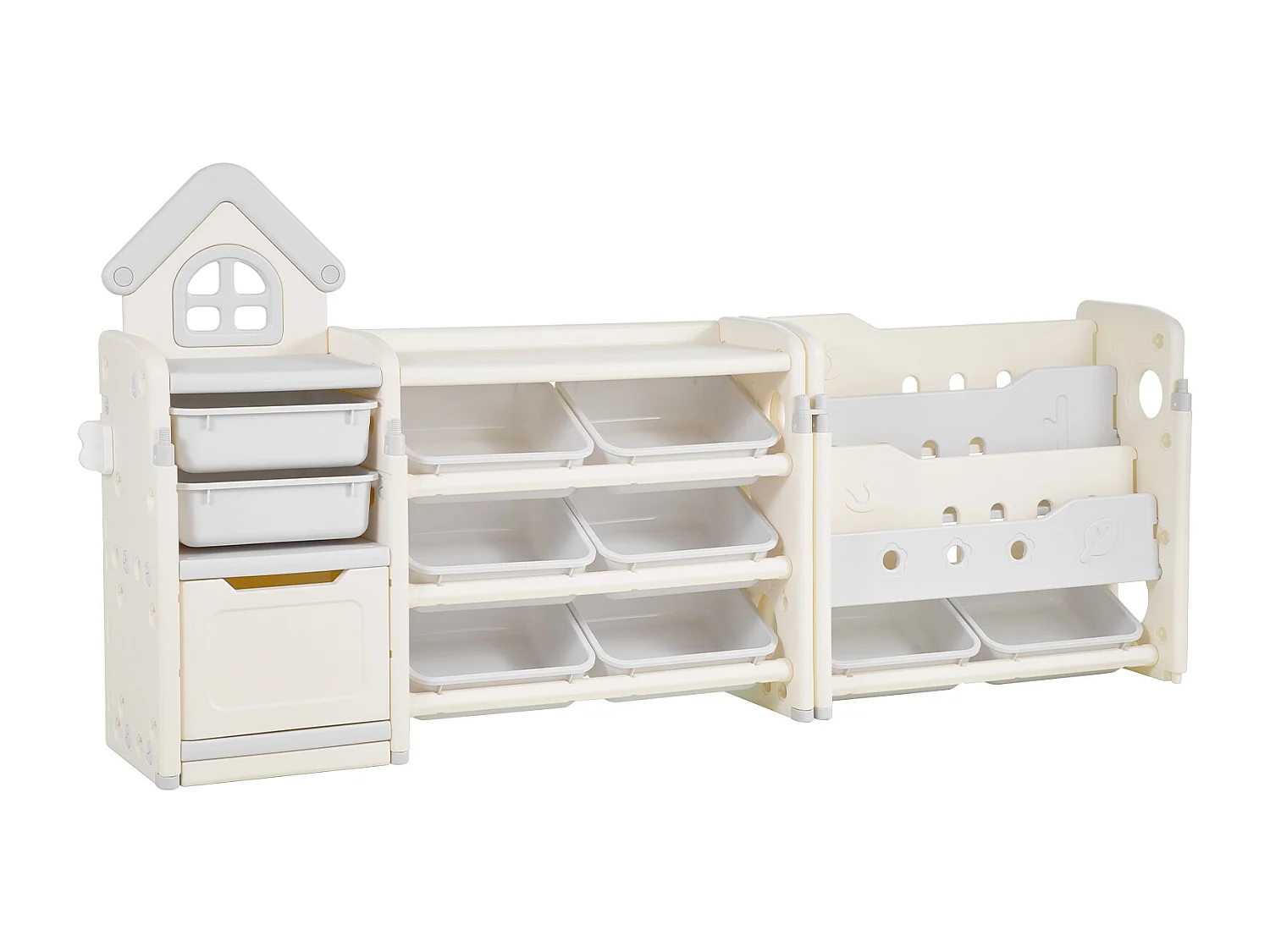 Aufbewahrungsmöbel für Kinderspielzeug SucceBuy, 4-Stöckig mit Bücherregal, Spielzeug-Organisationsregal mit 10 Herausnehmbaren Kunststoffbehältern, Grau und Beige