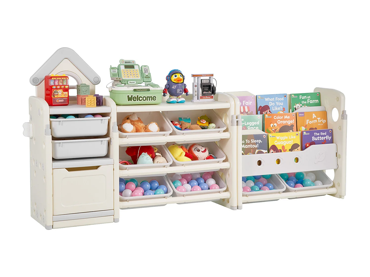 Aufbewahrungsmöbel für Kinderspielzeug SucceBuy, 4-Stöckig mit Bücherregal, Spielzeug-Organisationsregal mit 10 Herausnehmbaren Kunststoffbehältern, Grau und Beige