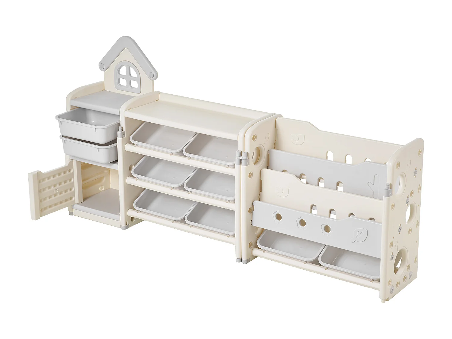 Aufbewahrungsmöbel für Kinderspielzeug SucceBuy, 4-Stöckig mit Bücherregal, Spielzeug-Organisationsregal mit 10 Herausnehmbaren Kunststoffbehältern, Grau und Beige