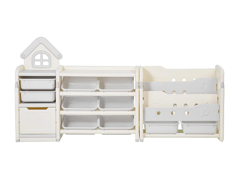 Aufbewahrungsmöbel für Kinderspielzeug SucceBuy, 4-Stöckig mit Bücherregal, Spielzeug-Organisationsregal mit 10 Herausnehmbaren Kunststoffbehältern, Grau und Beige