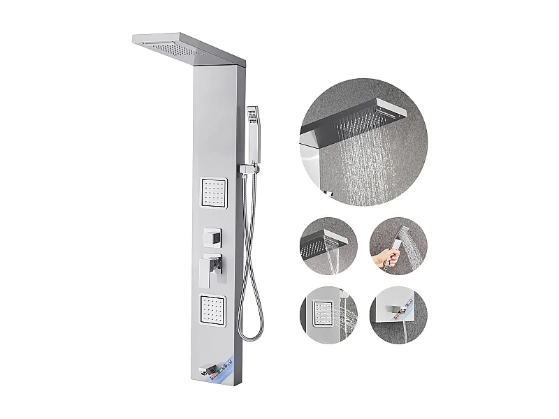 Colonne de Douche SucceBuy, avec Pommeau de Ddouche Effet Pluie, Système de Panneau de Douchette Mural Haute Pression Acier Inox Brossé, Robinet 5 Fonctions