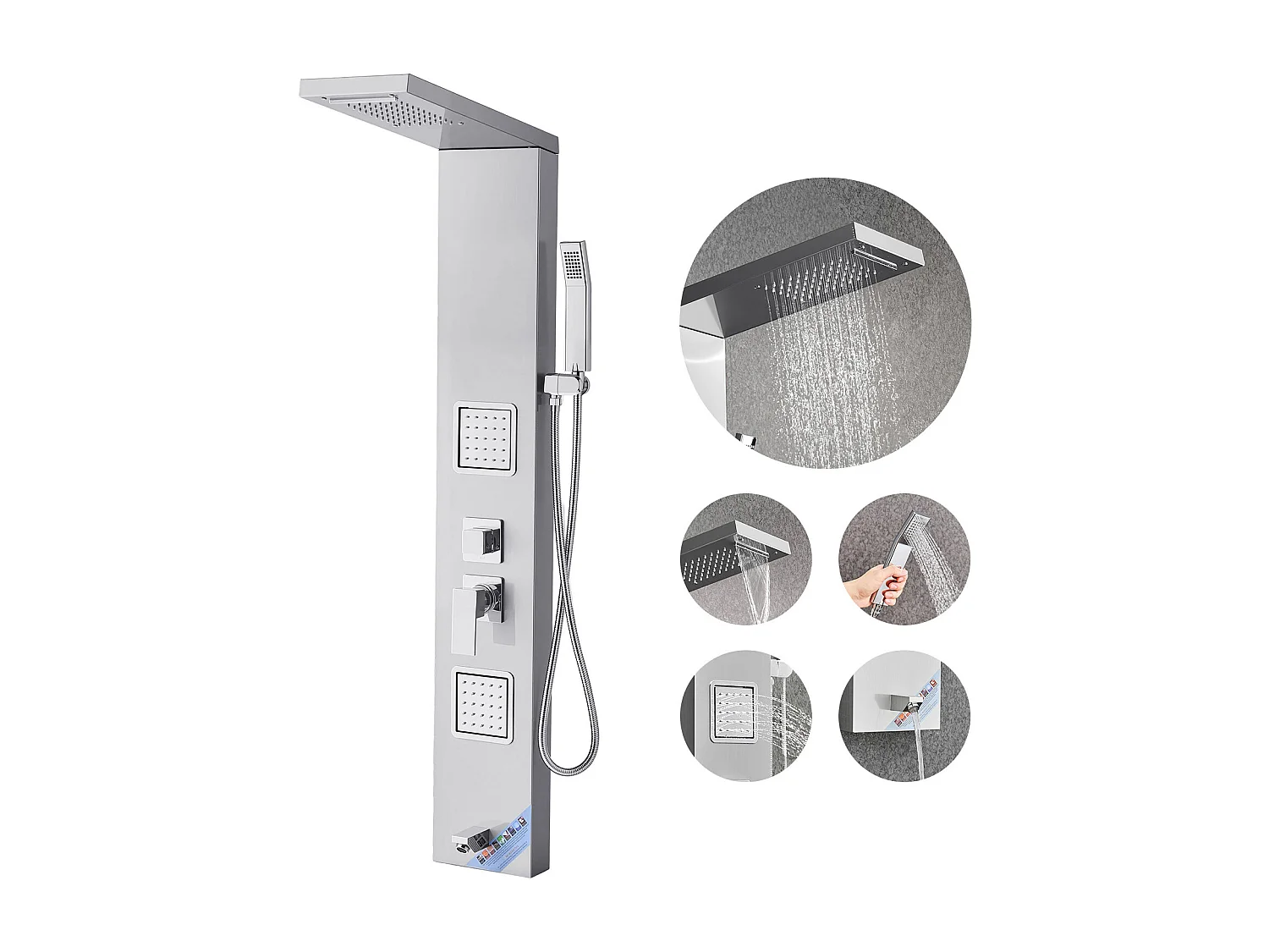 Columna de Ducha SucceBuy, con Cabezal de Ducha Efecto Lluvia, Sistema de Panel de Ducha Mural de Alta Presión en Acero Inoxidable Cepillado, Grifo de 5 Funciones