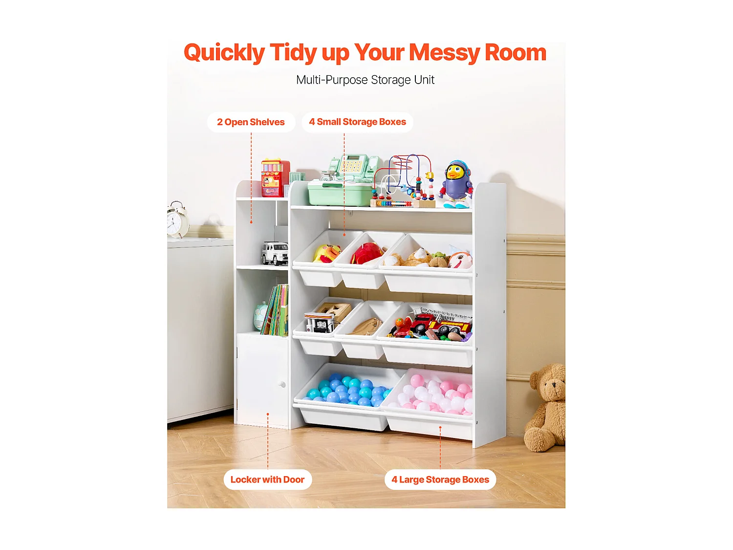 Opbergmeubel voor Kinderspeelgoed SucceBuy, 4 Niveaus met Boekenkast, Speelgoedrek met 8 Flexibele Plastic Bakken, Wit