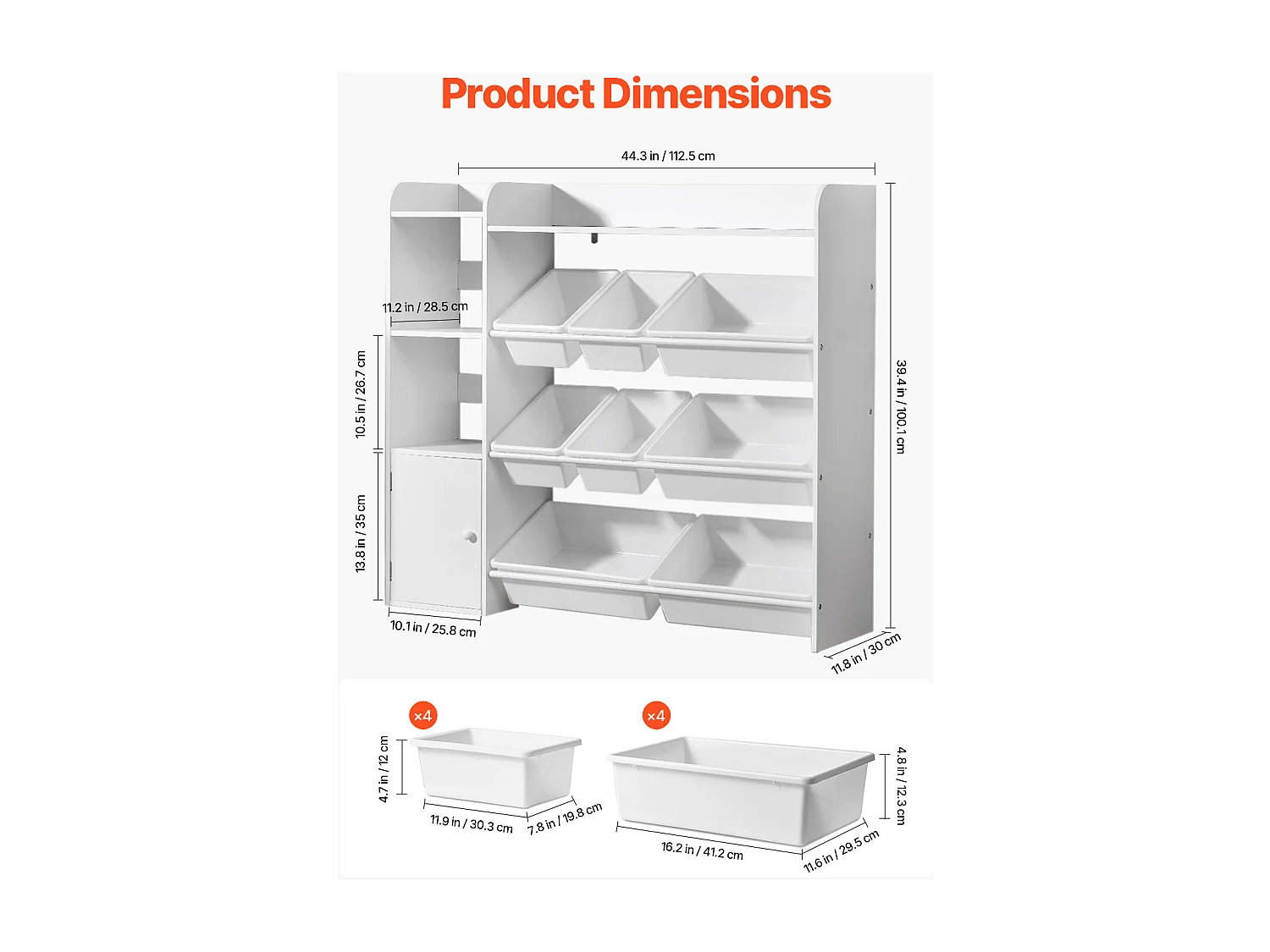 Opbergmeubel voor Kinderspeelgoed SucceBuy, 4 Niveaus met Boekenkast, Speelgoedrek met 8 Flexibele Plastic Bakken, Wit
