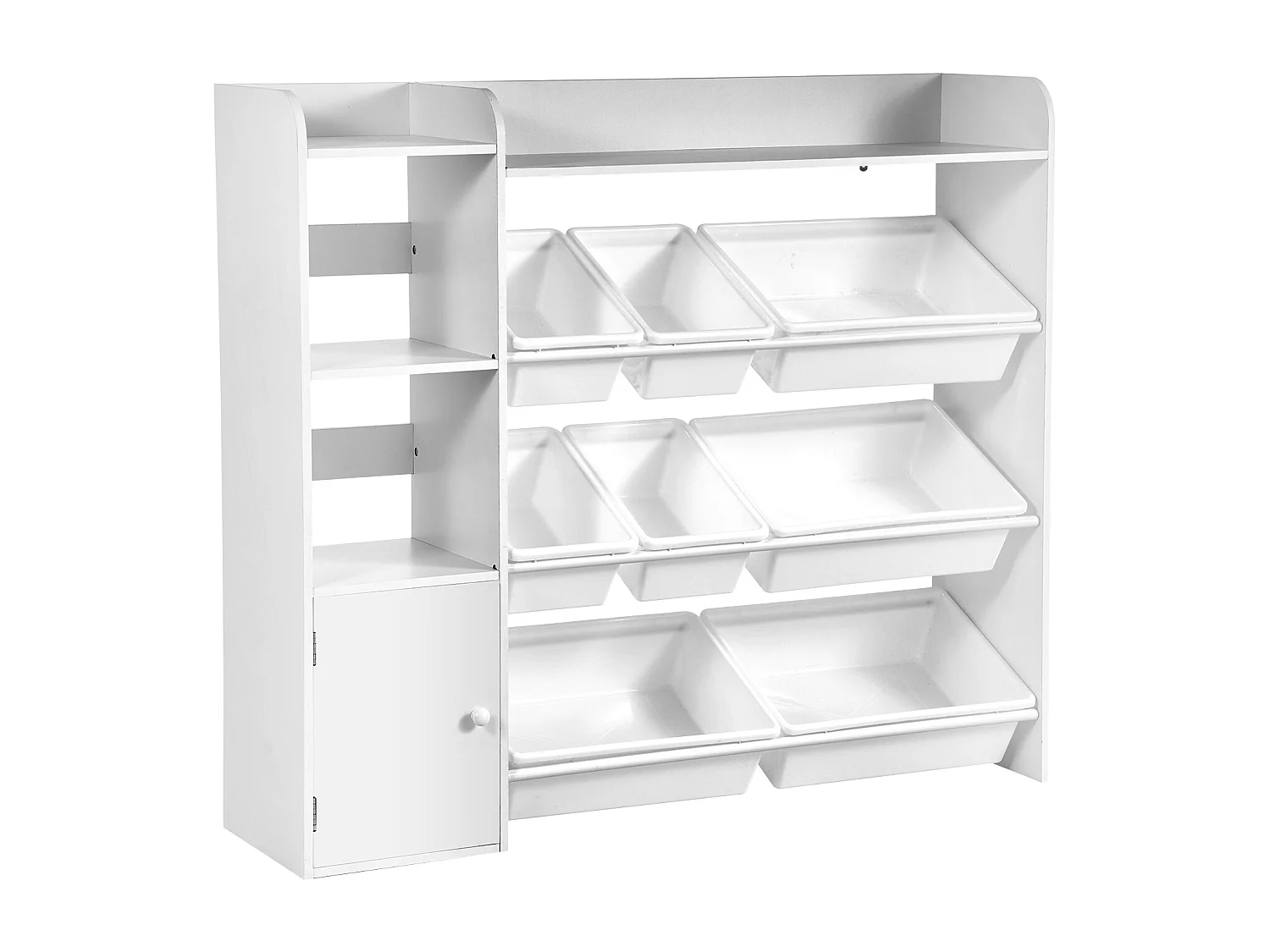 Opbergmeubel voor Kinderspeelgoed SucceBuy, 4 Niveaus met Boekenkast, Speelgoedrek met 8 Flexibele Plastic Bakken, Wit