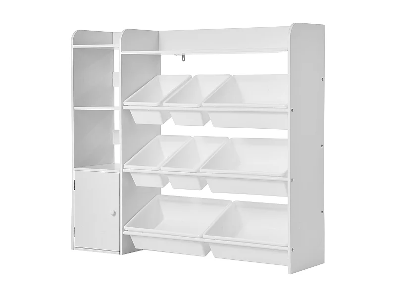 Opbergmeubel voor Kinderspeelgoed SucceBuy, 4 Niveaus met Boekenkast, Speelgoedrek met 8 Flexibele Plastic Bakken, Wit