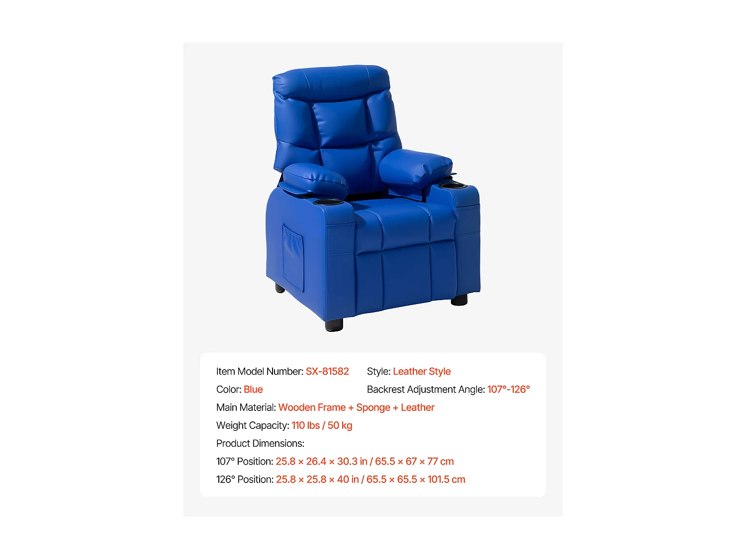 Fauteuil Inclinable SucceBuy pour Enfants, Chaise Relax Ergonomique, avec Porte-Gobelets et Poches, Dossier Réglable 107° à 126°,  pour Chambre d’Enfants, Bleu