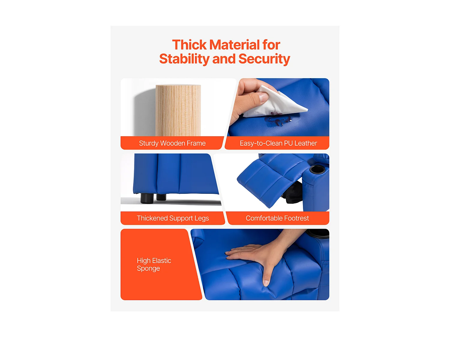 Fauteuil Inclinable SucceBuy pour Enfants, Chaise Relax Ergonomique, avec Porte-Gobelets et Poches, Dossier Réglable 107° à 126°,  pour Chambre d’Enfants, Bleu