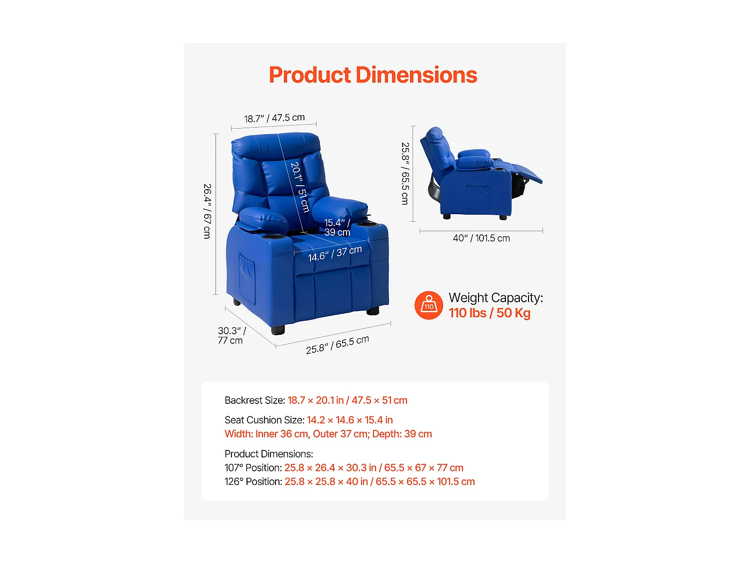 Fauteuil Inclinable SucceBuy pour Enfants, Chaise Relax Ergonomique, avec Porte-Gobelets et Poches, Dossier Réglable 107° à 126°,  pour Chambre d’Enfants, Bleu