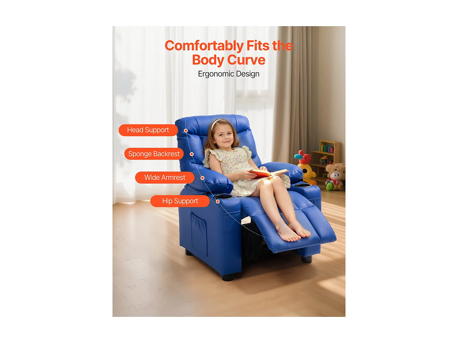 Fauteuil Inclinable SucceBuy pour Enfants, Chaise Relax Ergonomique, avec Porte-Gobelets et Poches, Dossier Réglable 107° à 126°,  pour Chambre d’Enfants, Bleu