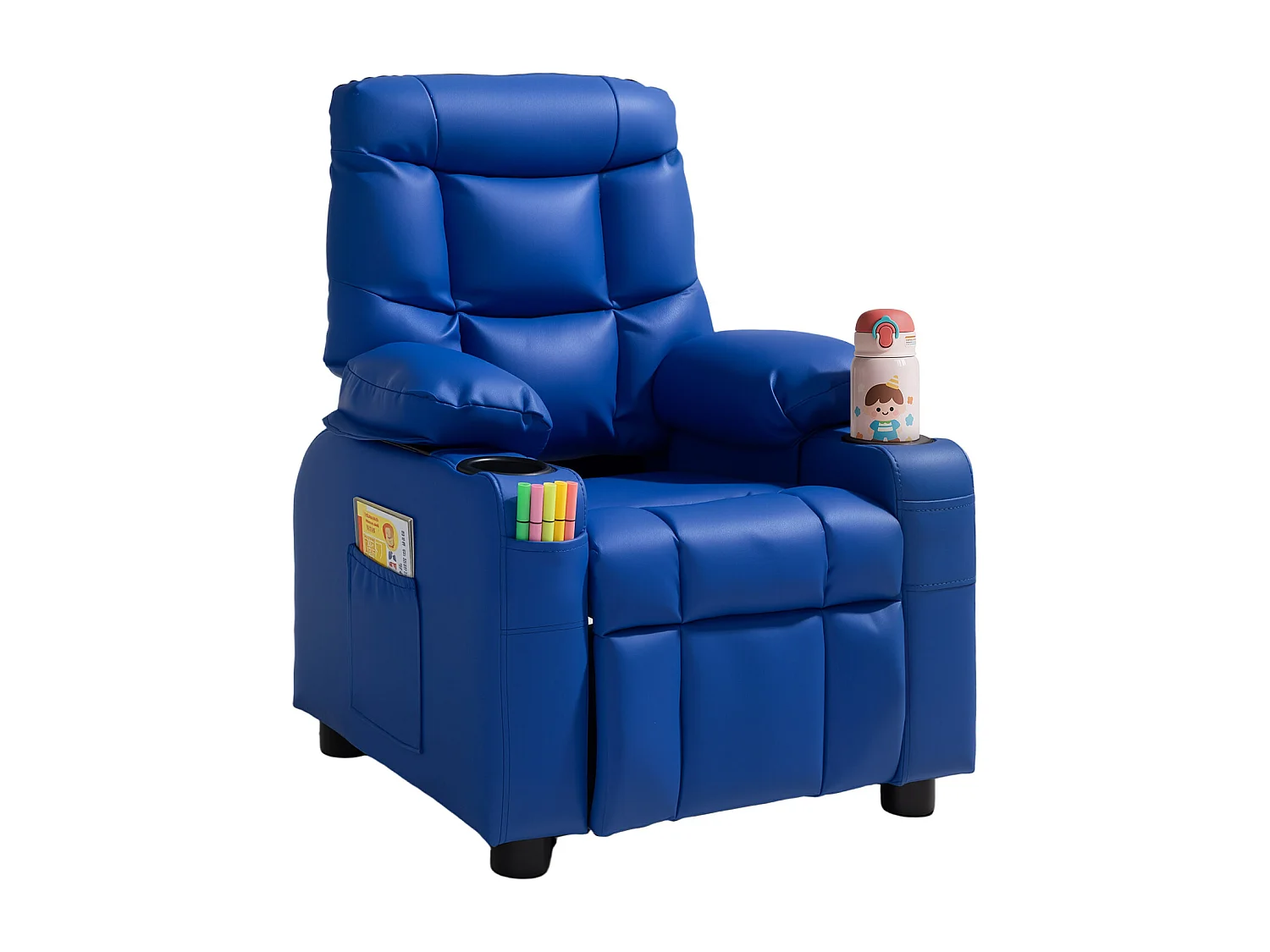 Fauteuil Inclinable SucceBuy pour Enfants, Chaise Relax Ergonomique, avec Porte-Gobelets et Poches, Dossier Réglable 107° à 126°,  pour Chambre d’Enfants, Bleu